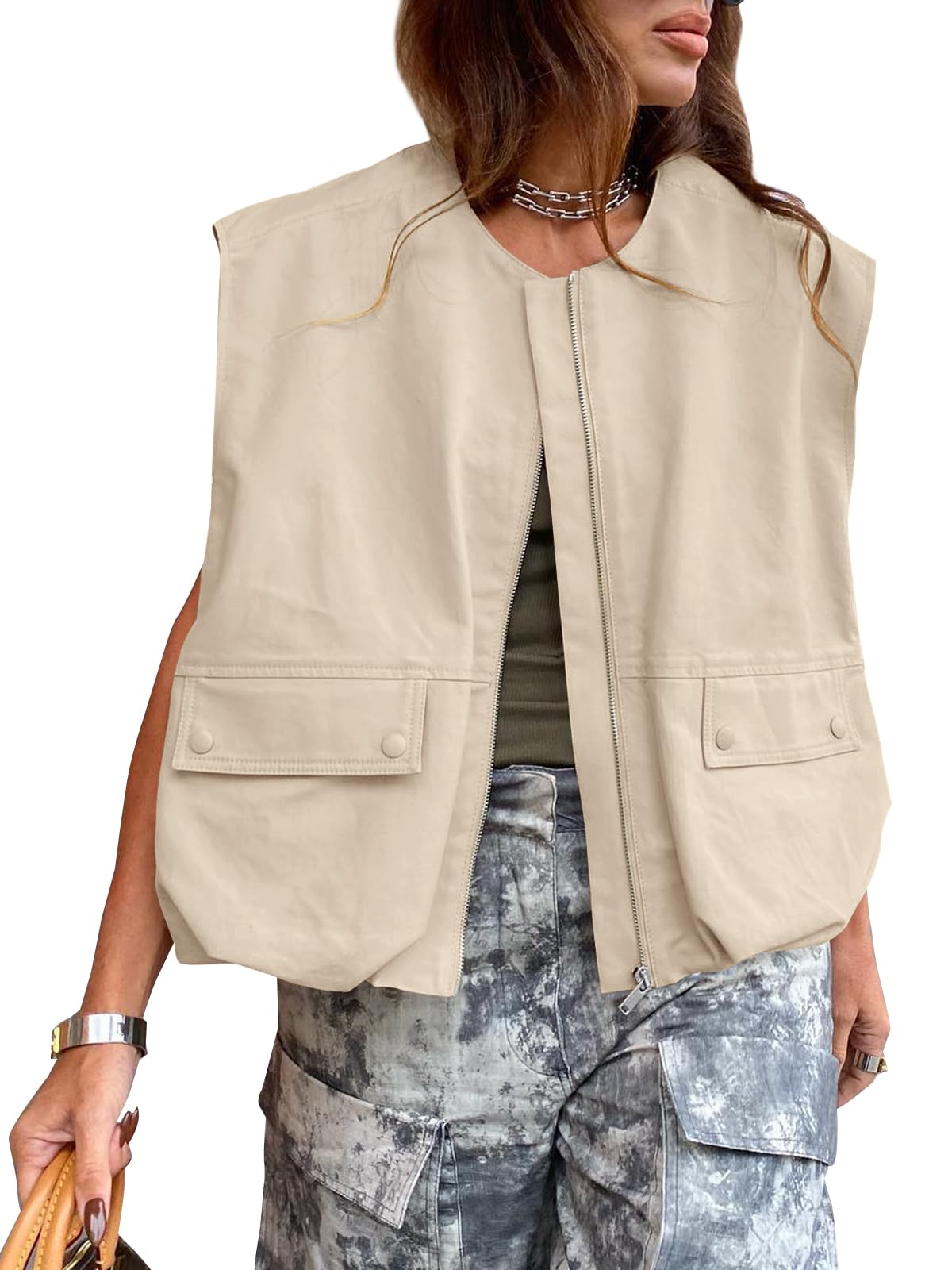 PAODIKUAI Casual vest met ritssluiting voor dames, cargo, ruches