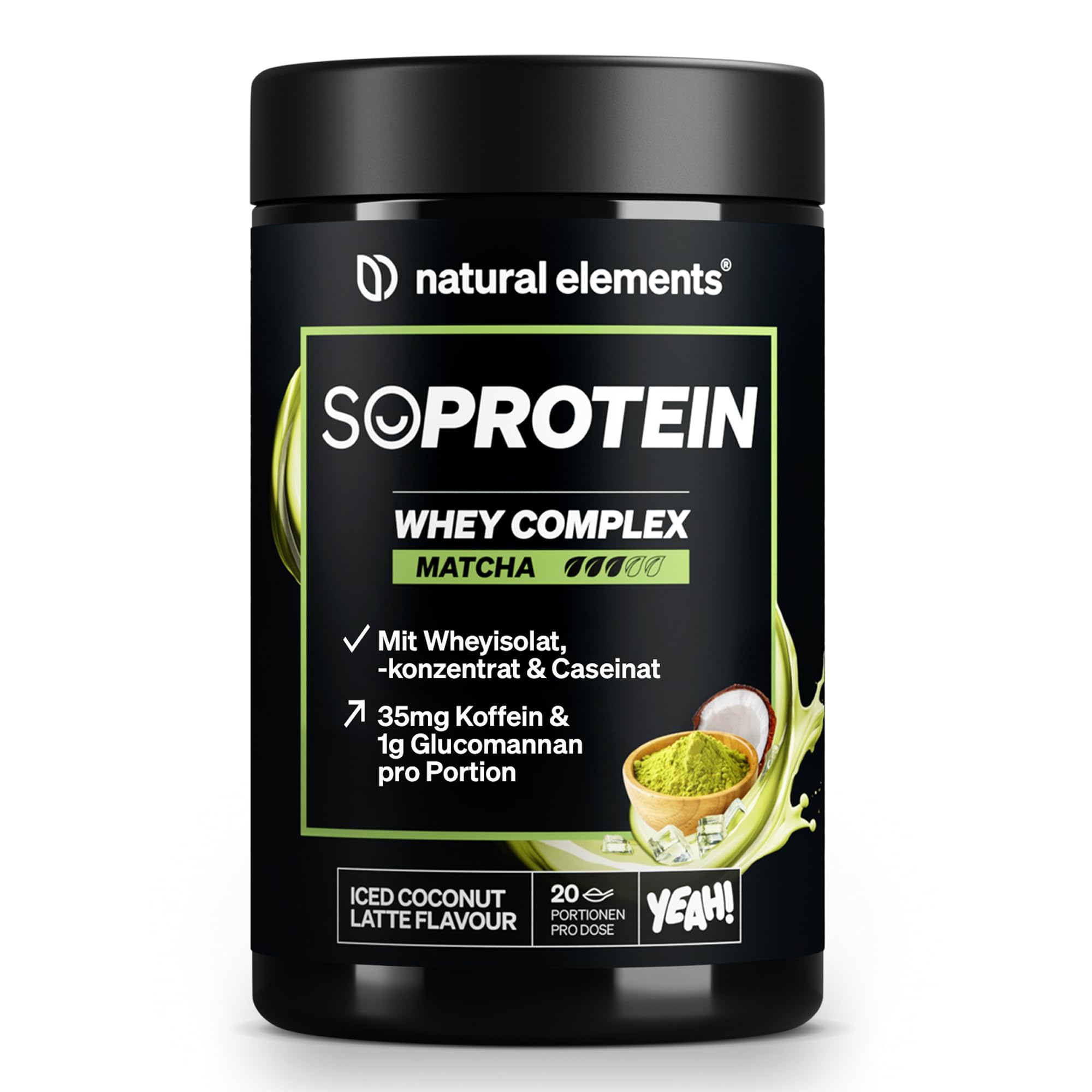 SoProtein Whey Complex Matcha – Iced Coconut Latte – 500g – 18g Protein pro Portion– mit Matcha-Tee-Aroma – ideal zum Muskelaufbau, perfekte Löslichkeit – in Deutschland entwickelt & laborgeprüft