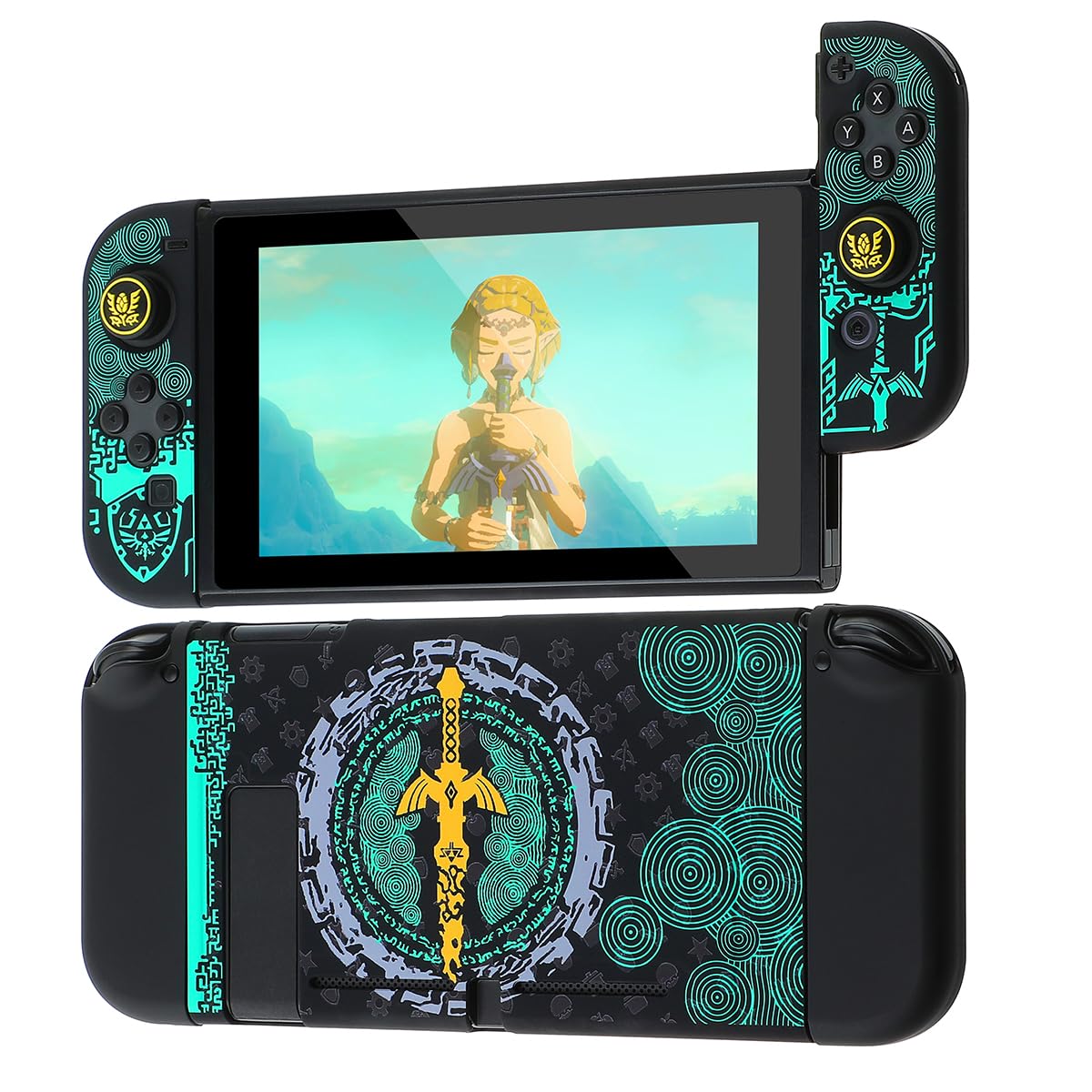 Étui de protection compatible avec Switch, coque rigide pour manettes Switch et Joy-Con avec 4 poignées de pouce, étui de transport Zelda Switch (Zelda larmes of The Kingdom)