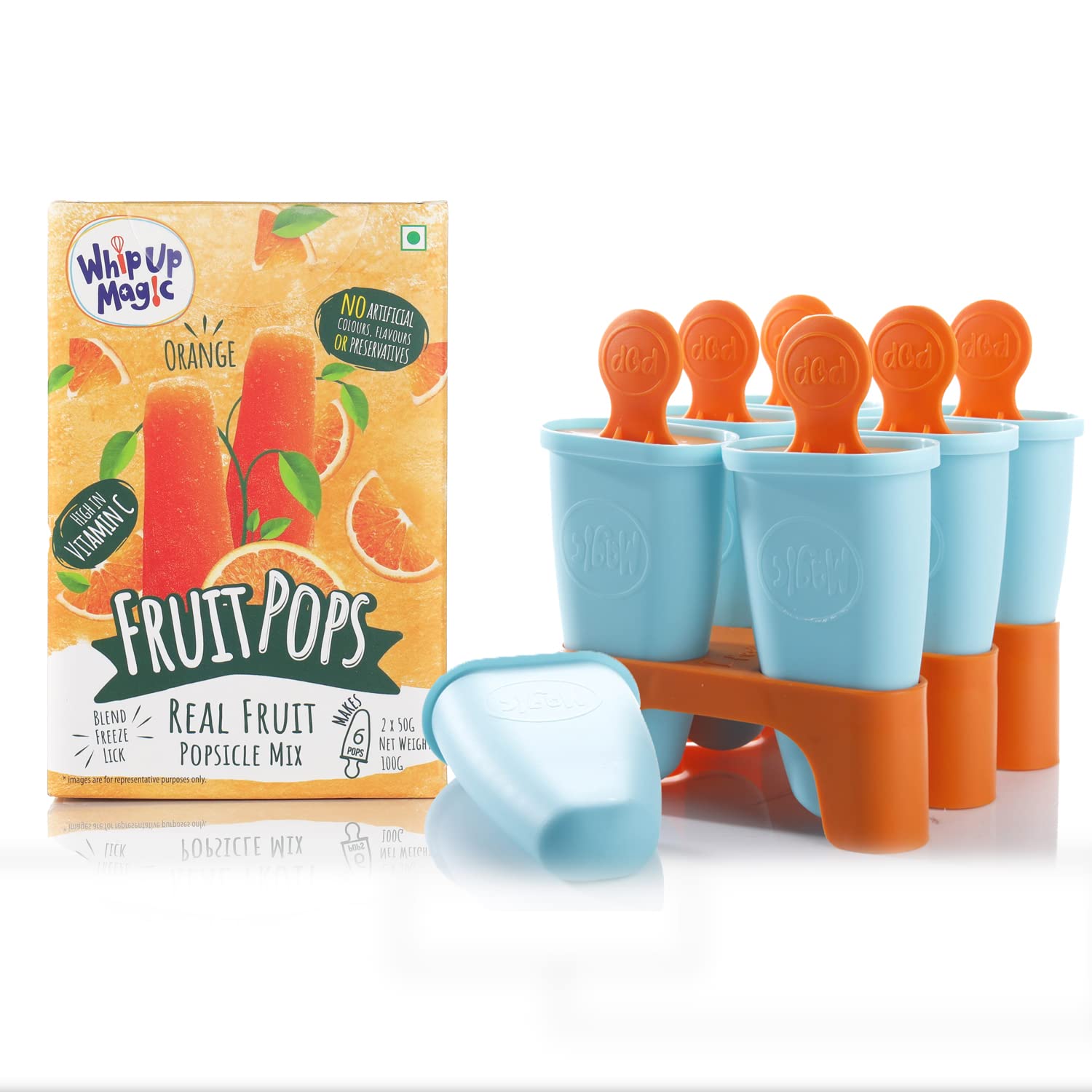 Whip Up Magic DIY Orange Fruit Popsicle premix (100g) + Pop Moulds (Pack of 6) [Real Fruit Powder| 100% BPA Free Food Grade Mould| homemade Ice Candy Mould for Children | Perfect Return gifts]