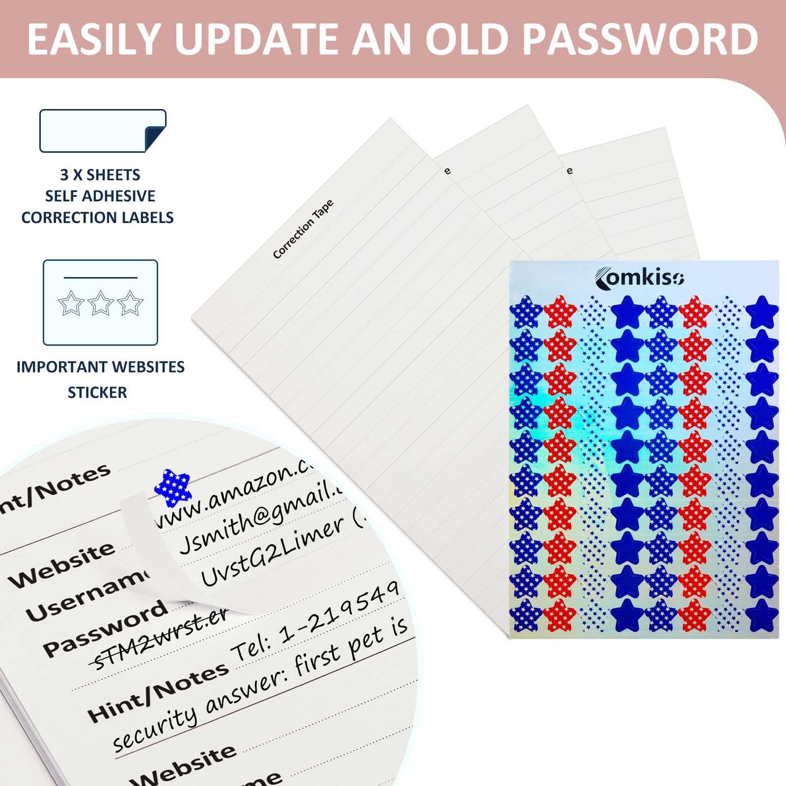 Comkiso Passwortbuch mit individuellen alphabetischen Registerkarten, laminiert, Großgedrucktes Passwort-Keeperbuch für Senioren, A5, Hardcover, Internet-Passwort-Logbuch, zum Aufzeichnen der