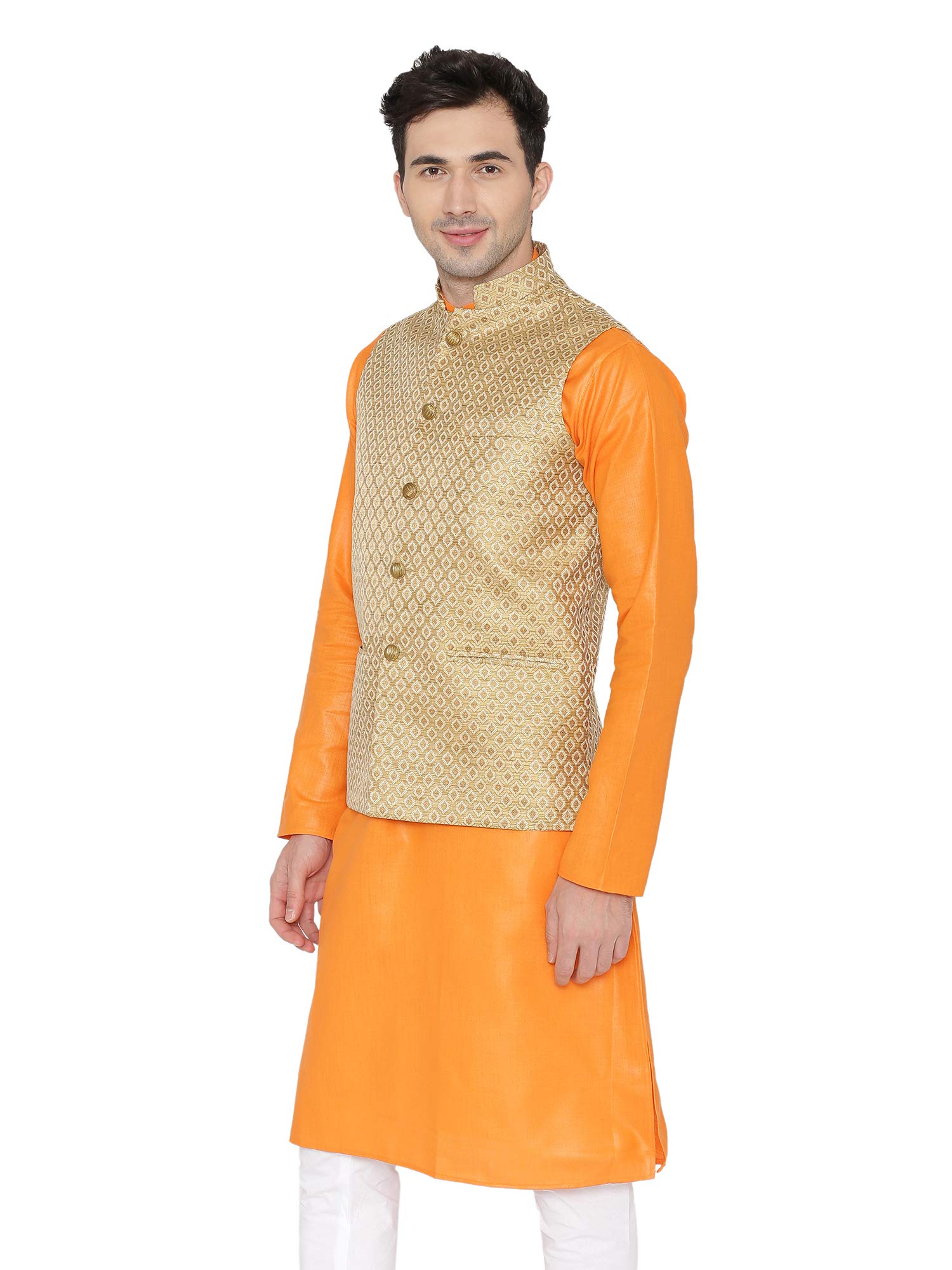 WINTAGE Men's Banarasi Rayon Cotton Casual and Festive Nehru Jacket Vest Waistcoat : Gold