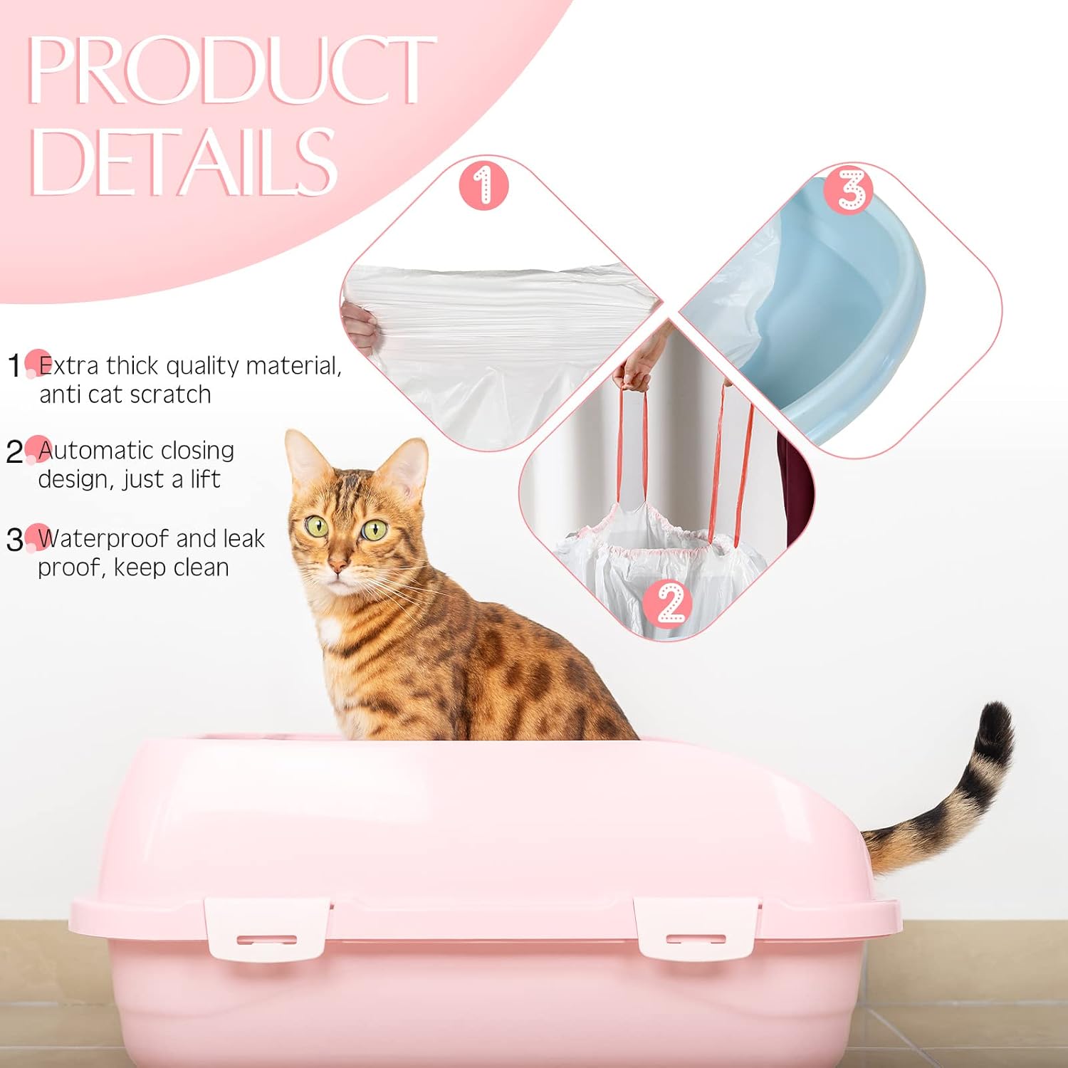 Sabary 30 Cat Litter Box Bags Jumbo Kitty Pan Liners with Drawstring Sturdy Hdpe Material for Cat Pet Waste Litter Box Tray, Pink (31 x 18 Inch)