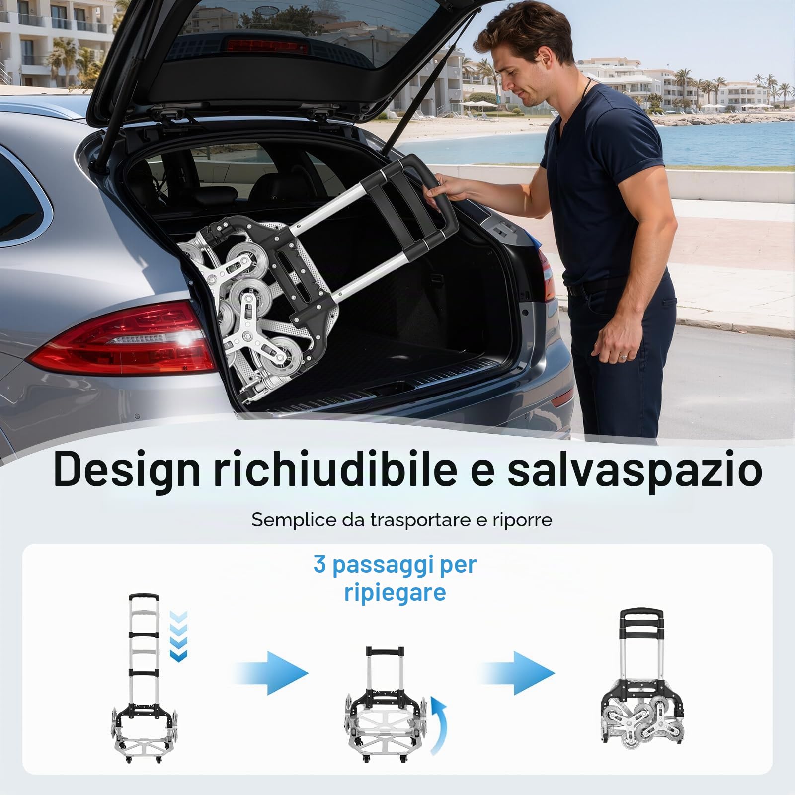 Carrello pieghevole per scale, carrello in alluminio, manico regolabile in altezza, ruote silenziose e tasca impermeabile rimovibile per traslochi e oggetti pesanti
