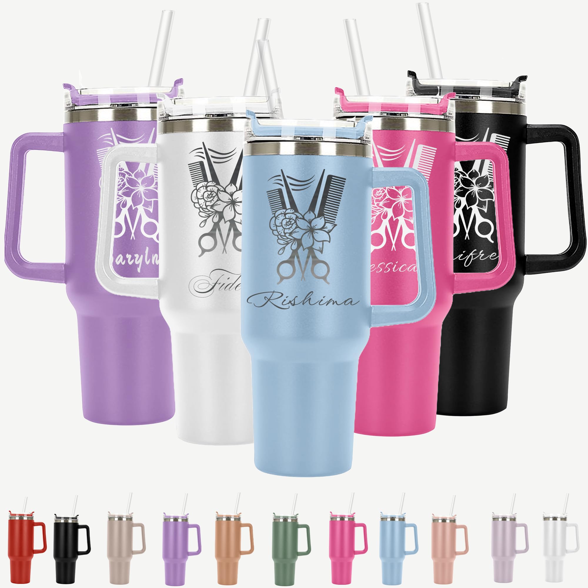Personalized Laser Engraved 40oz Large Tumbler with Handle, Hairdresser Flowers Scissors-Straw&Lid, Hair Stylist Skinny Tumbler Custom Engraved