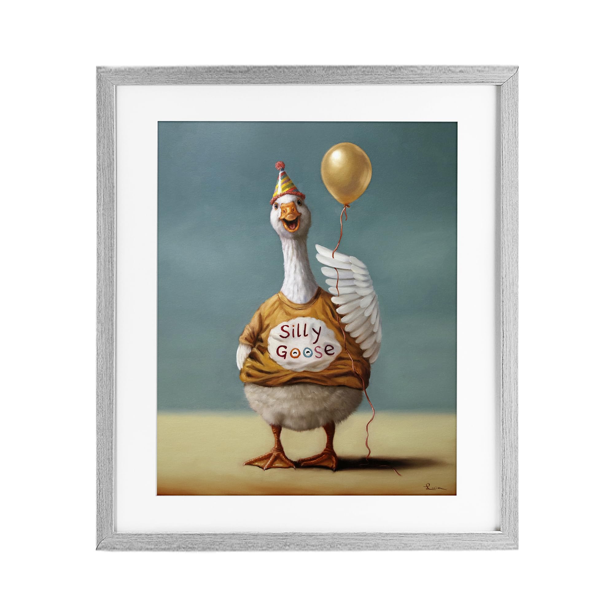 Stupell Industries 'Silly Goose with Balloon', Framed Print Under Glass, Gray, 13 x 16 Inches, Easy to Hang and Sturdy, Made in USA, by Lucia Heffernan