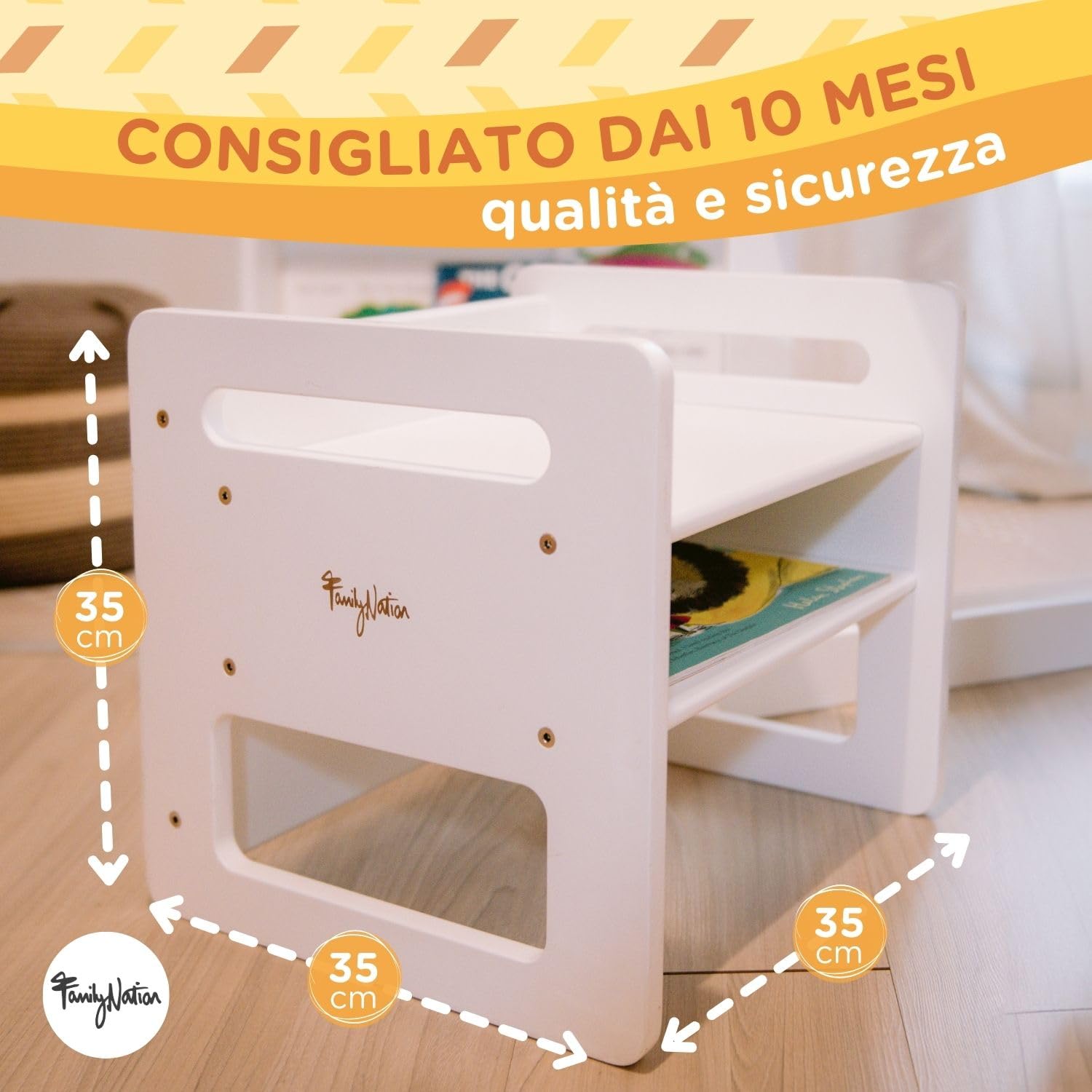 Family Nation, Sedia Montessoriana Evolutiva, Altezza Regolabile, per Bambini dai 10 ai 48 Mesi, Solida Struttura in Legno, Bianca, 35x35x35 cm