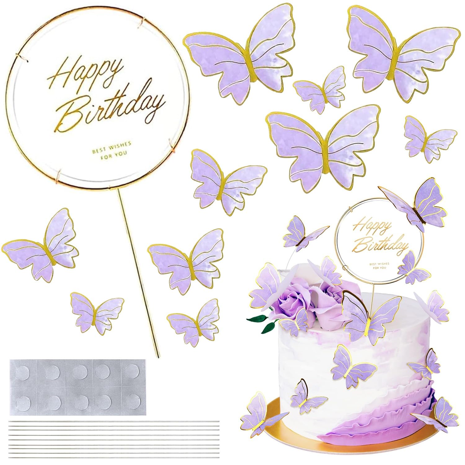 Party Propz Butterfly Cake Toppers for Cake Decoration - 11 Pcs Butterfly Decoration Items | Purple Happy Birthday Cake Topper, Cake Decoration Items (Cardstock)