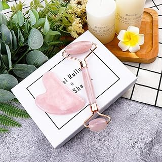 Rolo de Jade e Gua Sha para Rosto, Rolo Facial Rosa Natural Quartzo Rosa, Ferramenta de Pedra Massageador de Jade de Cristal para o Pescoço dos Olhos e Corpo Antienvelhecimento (Rolo