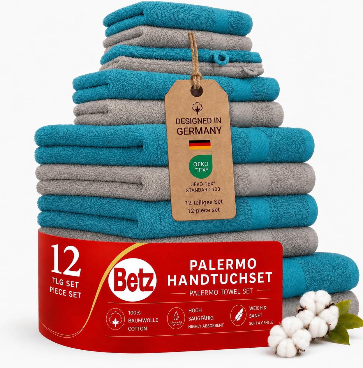 Betz Lot de 12 pièces 100% Coton Palermo 2 draps de Bain 4 Serviettes de Toilette 2 d'invités 2 lavettes 2 Gants de Toilette Couleur Bleu pétrole et Gris Pierre