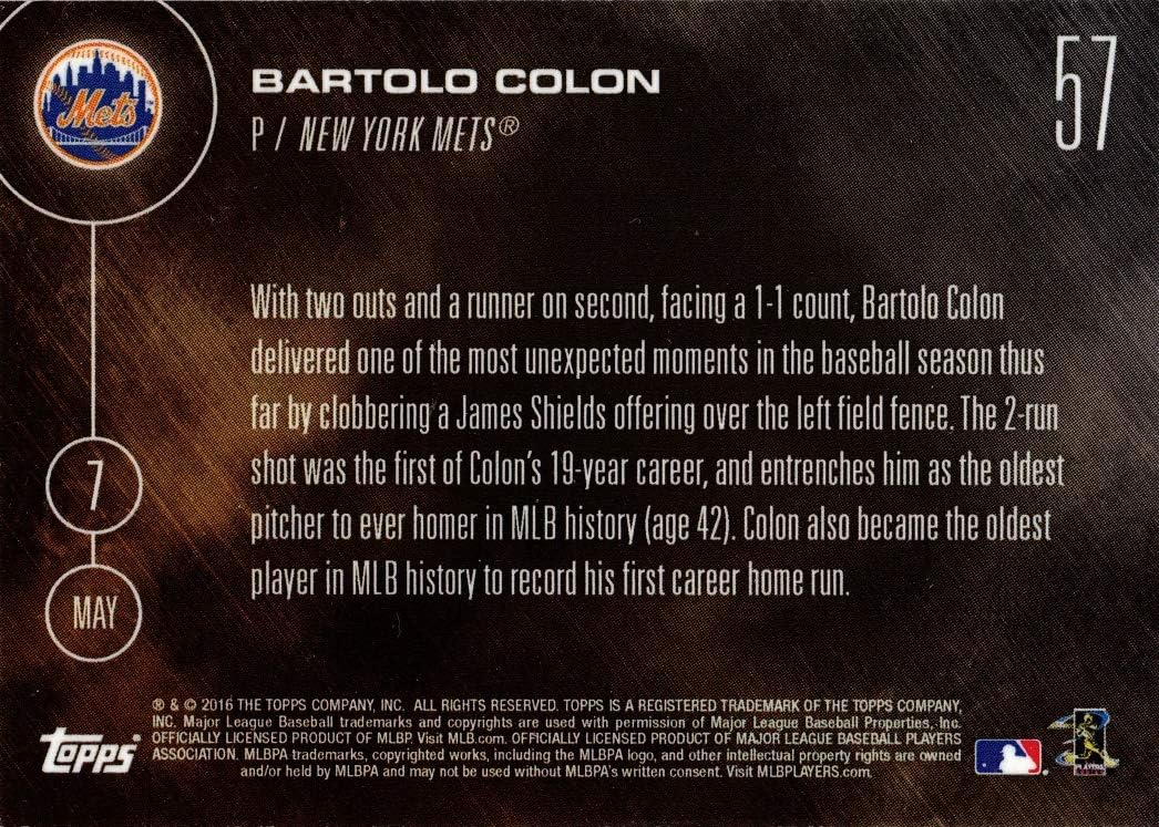 2016 Topps Now #57 Bartolo Colon Baseball Card - Hits 1st Career Home Run on May 7, 2016