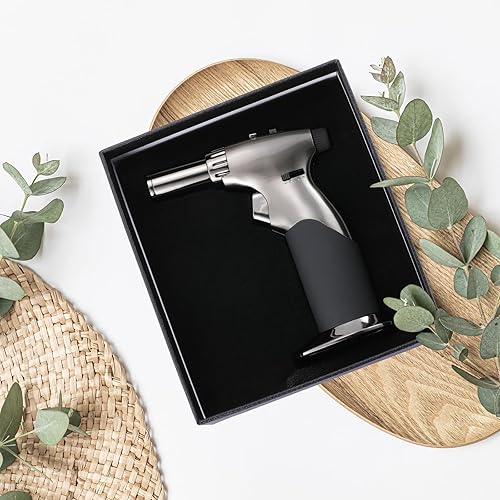 Miniatura 6 de Tuffen Antorcha de cocina gris, pistola de butano de doble llama para velas y crema Brulee y más, encendedor de antorcha de cocina recargable, gas