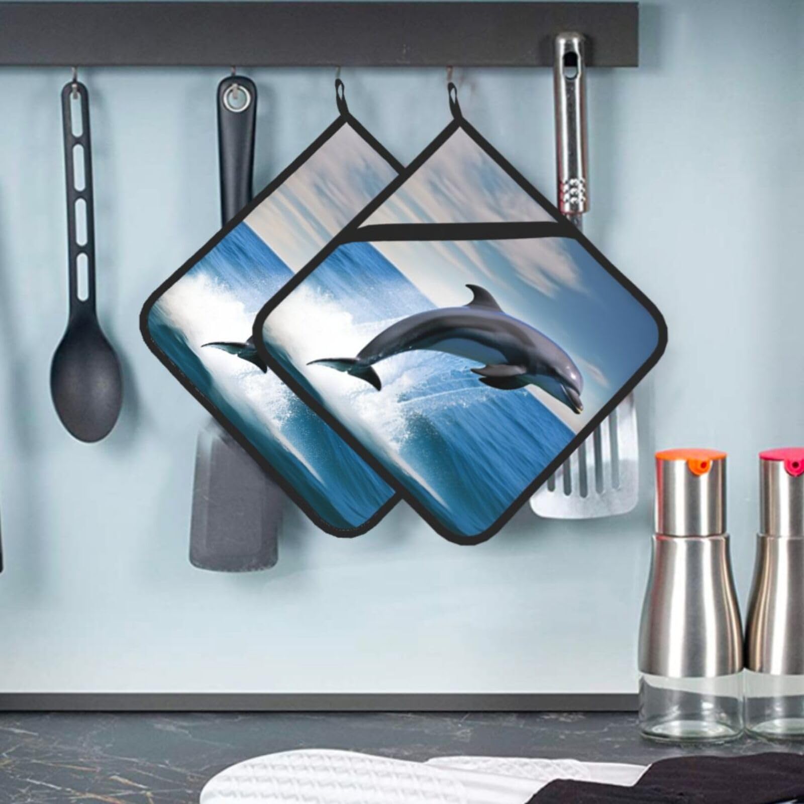 2 Pcs Pot Holders for Kitchen Heat Resistant Cotton Potholers Jumping Up Dolphins Oven Hot Pads for Microwave Cooking Baking BBQ