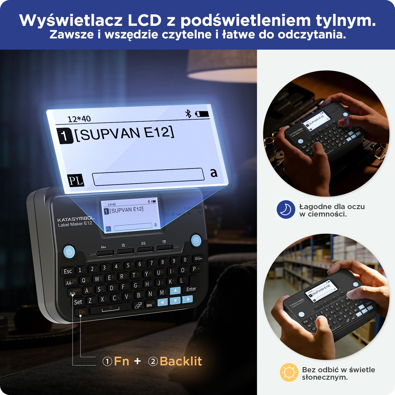 SUPVAN E12 Drukarka Etykiet Z Klawiaturą QWERTY & 4 Rolki Etykiet, Czarna | Aplikacja z 660+ Ikonami, 50+ Ramkami & 30+ Czcionkami, Akumulator 1200mAh, Podświetlany Wyświetlacz, do Szkoły, Biura & Domu