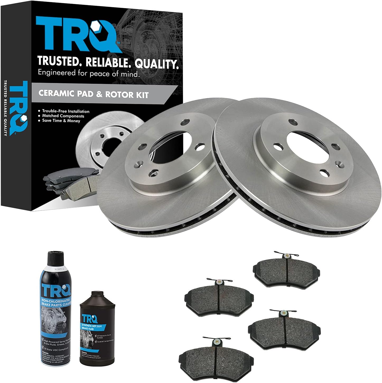 TRQ Kit de pastillas de freno delantero y rotor, kit químico de freno, pastillas de freno de cerámica compatible con Volkswagen Cabrio 1997-2002 TRQ Kit de pastillas de freno delantero y rotor, kit químico de freno, pastillas de freno de cerámica compatible con Volkswagen Cabrio 1997-2002