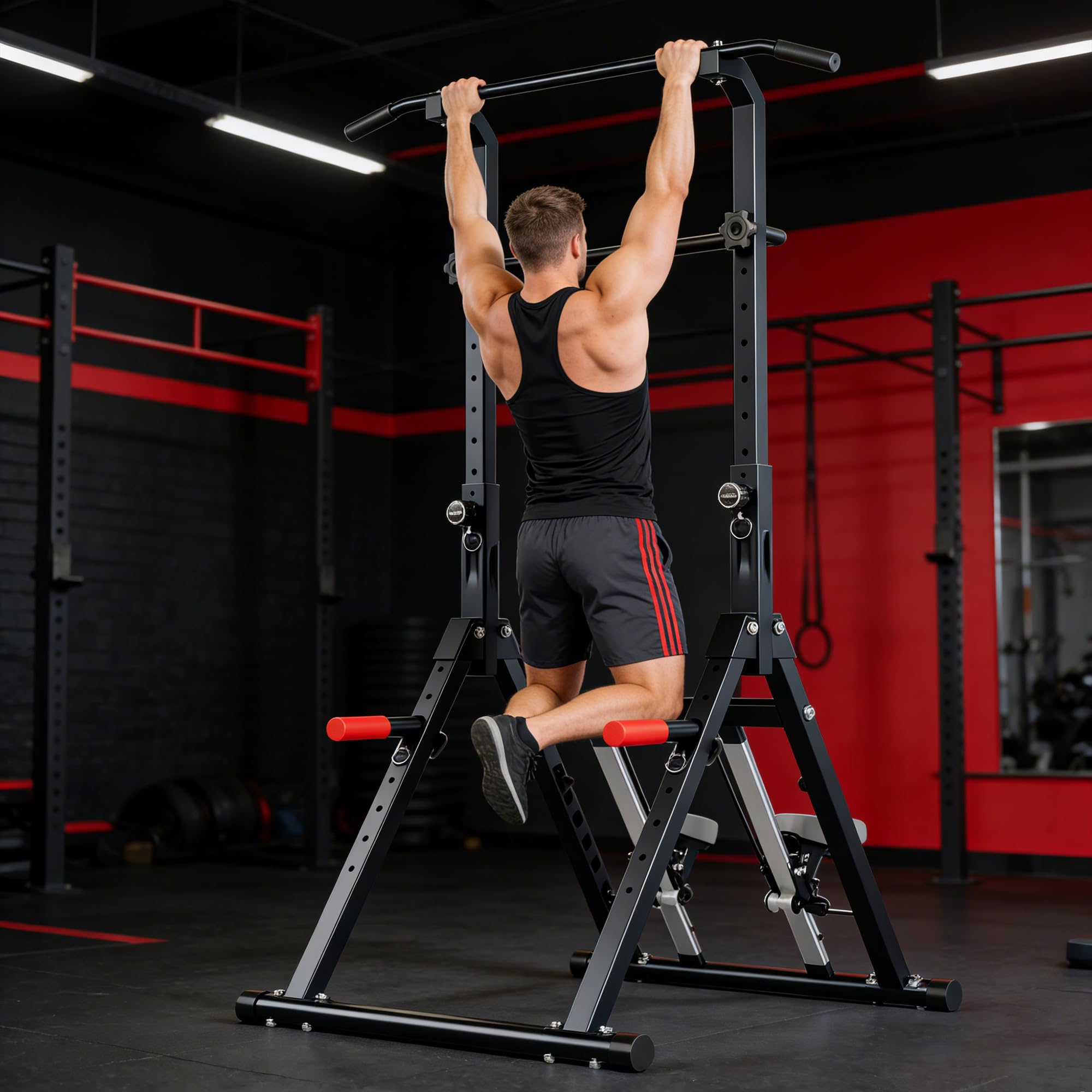 Höhenverstellbare Kraftstation Multistation mit Klettertrainer, Fitnessturm Klimmzugturm mit Stepper, 150kg Traglast Dip Station Klimmzugstation Sportgerät Heimtraining, 77,5×126×159–208cm