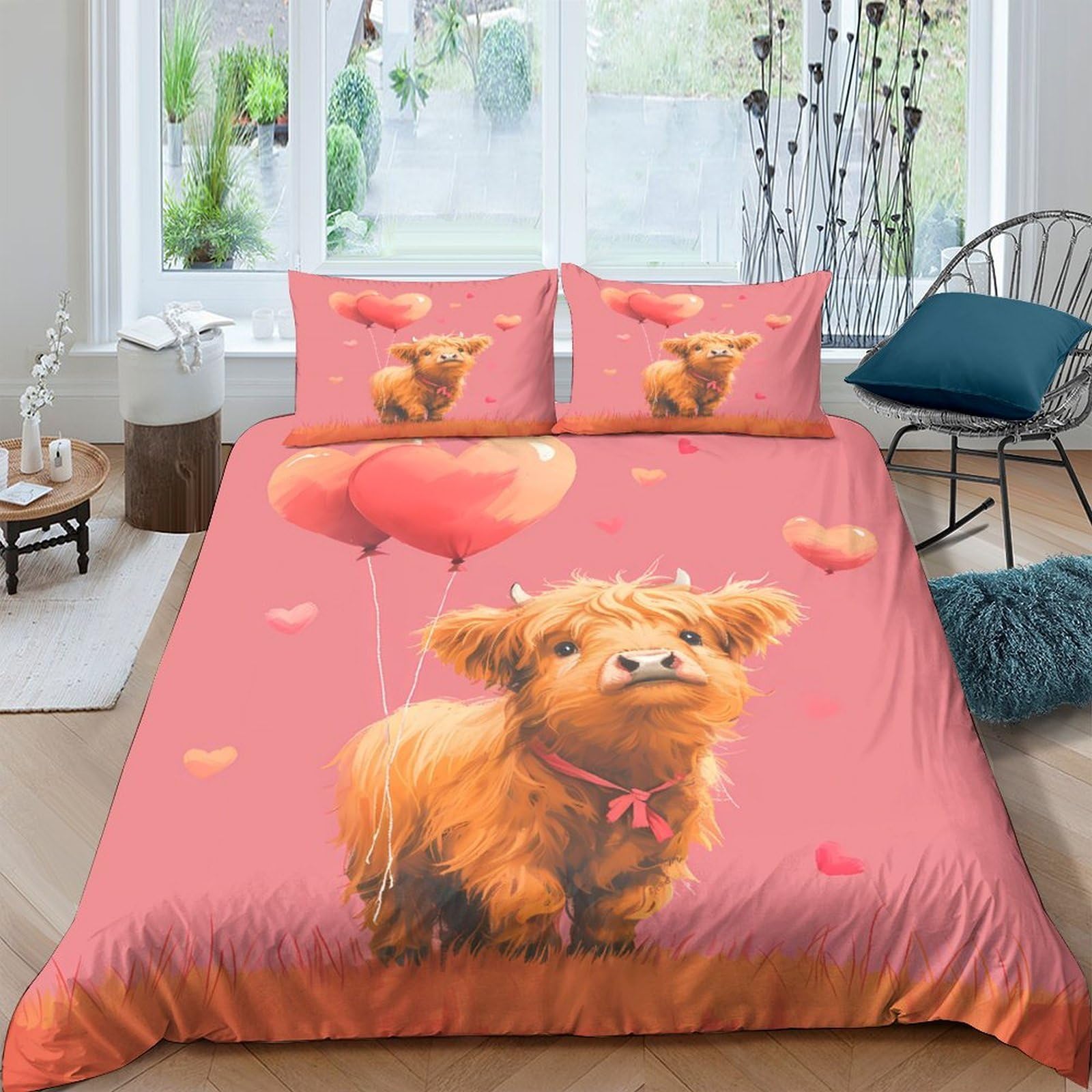 Ctjqhvkz Style-2 3D Printed Cute Highland Cow Fitted Sheet Microfiber Soft Pink Heart Balloon Bed Cover For Bedroom Dorm Mattress Decor Single（135X200cm）
