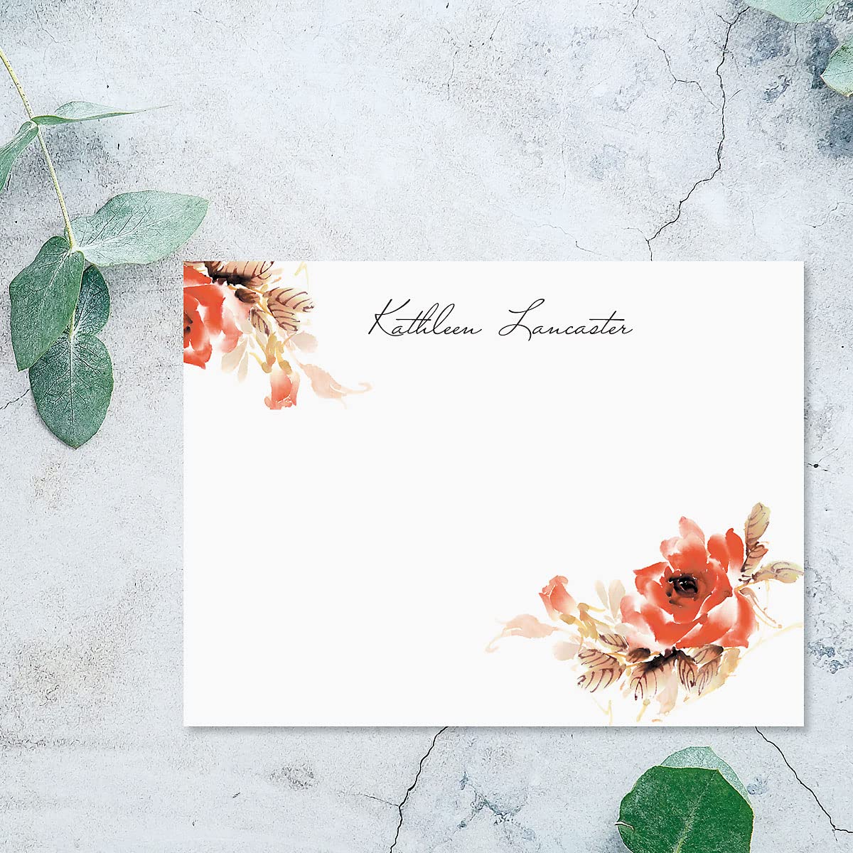 14 & Orange Watercolor Flowers Personalized Flat Note Cards – 4⅛ inches x 5½ inches, Elegant Heavyweight Stock, Matching Envelopes, (Set of 10)