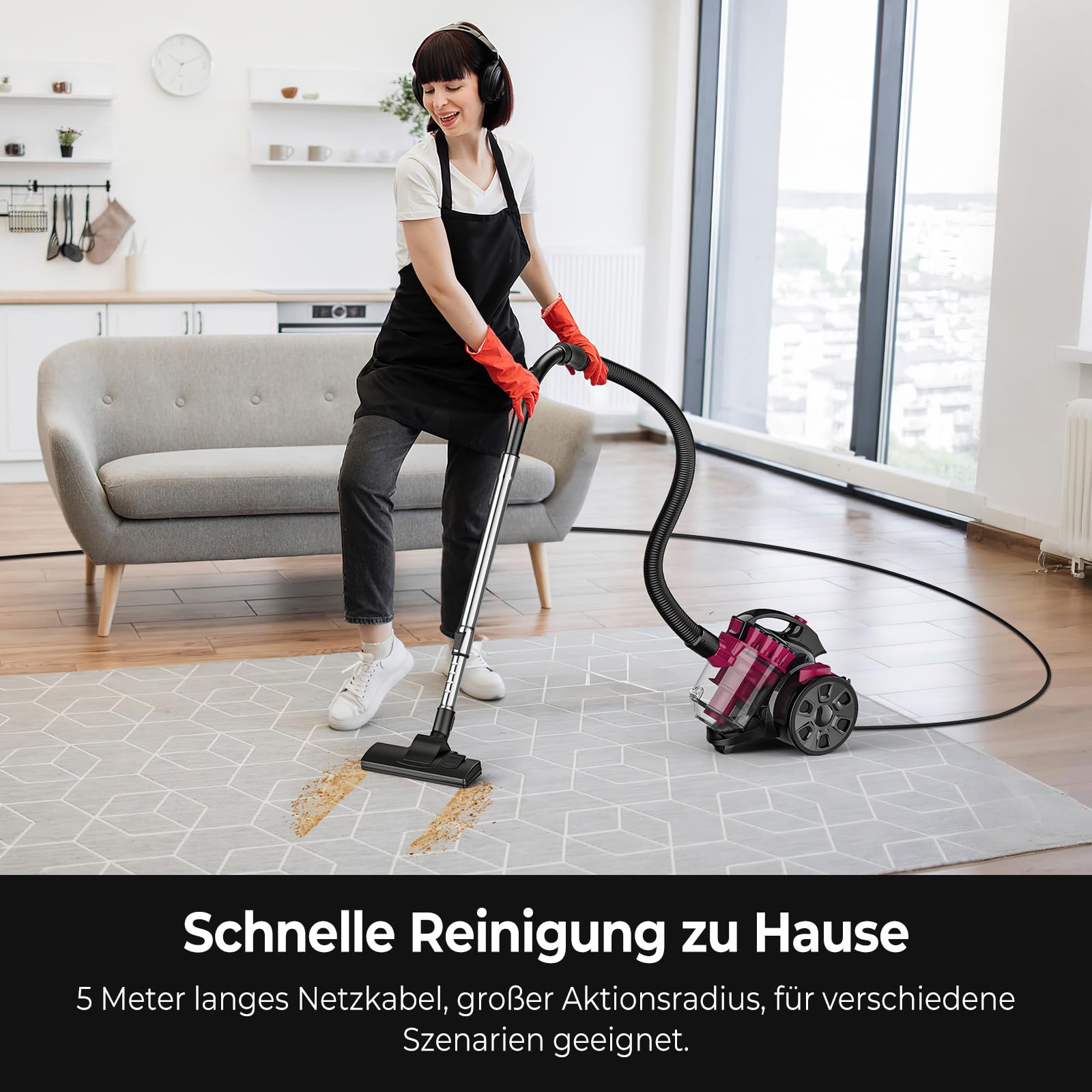 Beutelloser Staubsauger ohne Beutel, 2600W Staubsauger Beutellos, Staubsaugers Starke Saugleistung 21kPa, Leistungsstarker Staubsaugers 1,5L, mit 5m Kabel, für Teppiche, Harte Böden, Tierhaare (A)