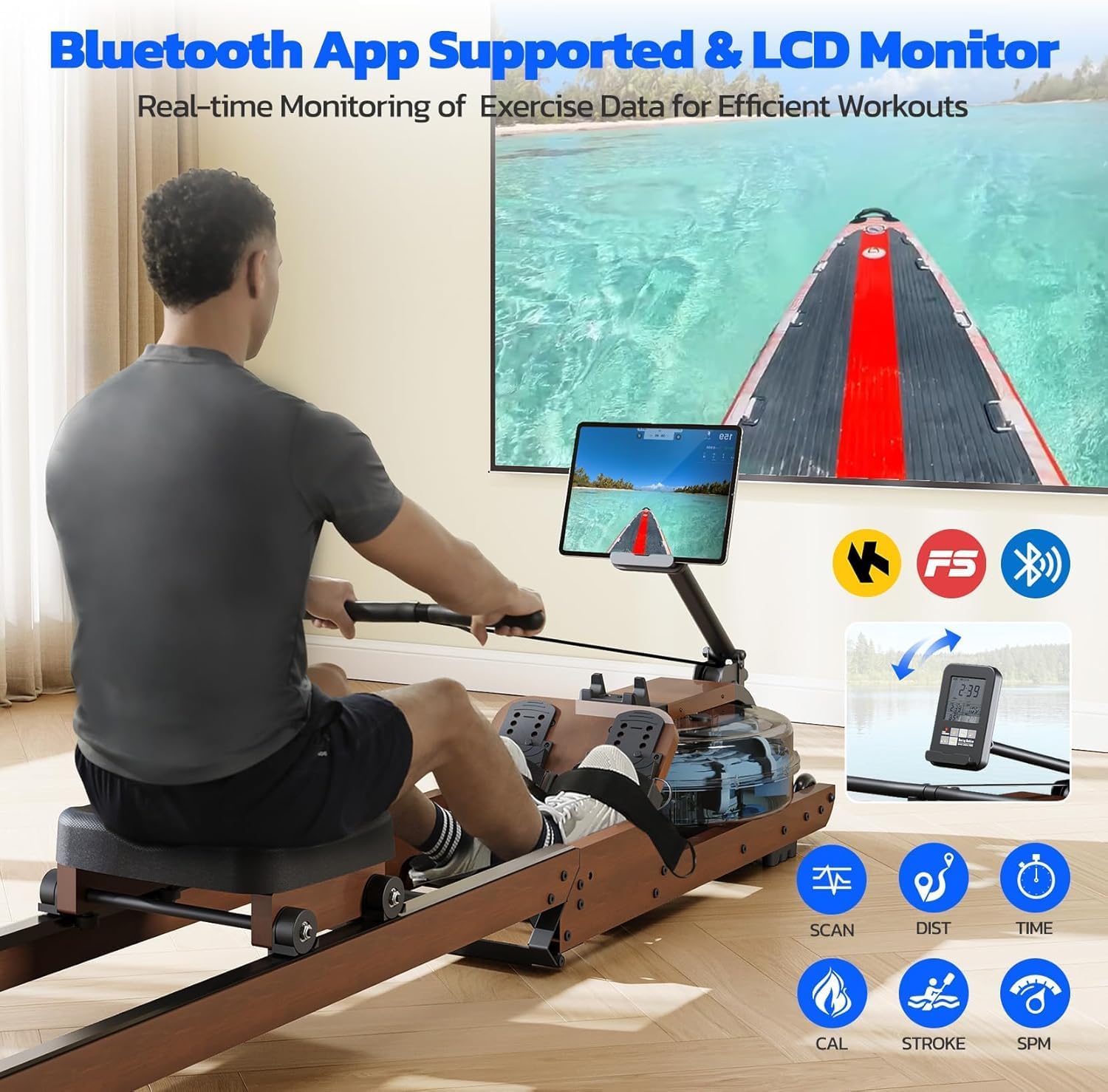 Dripex F203s rowing machine with LCD monitor and tablet holder, showing app connectivity.