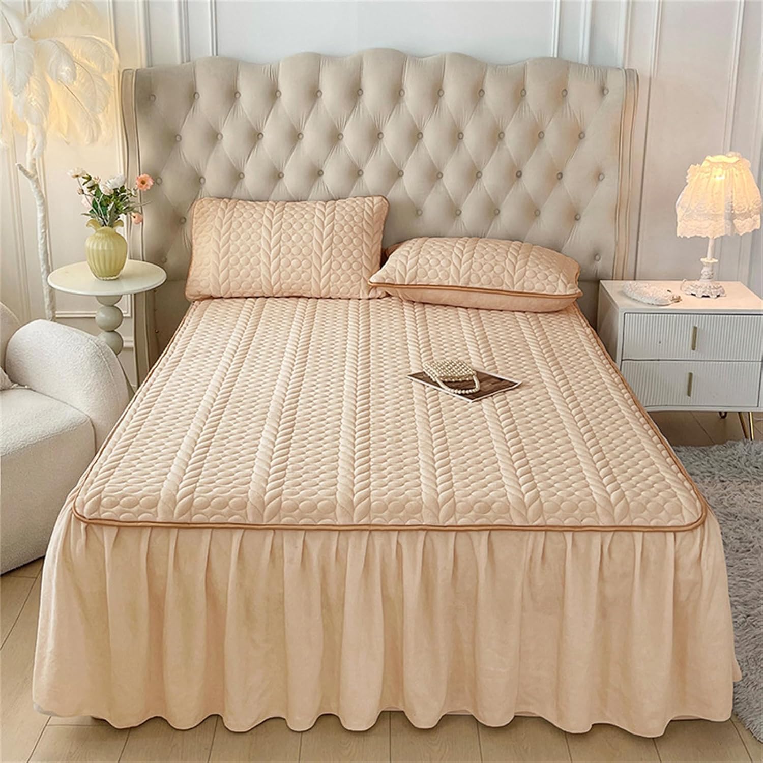Drap-Housse en Microfibre Jacquard Camel 200x220cm pour Grand Lit Doux