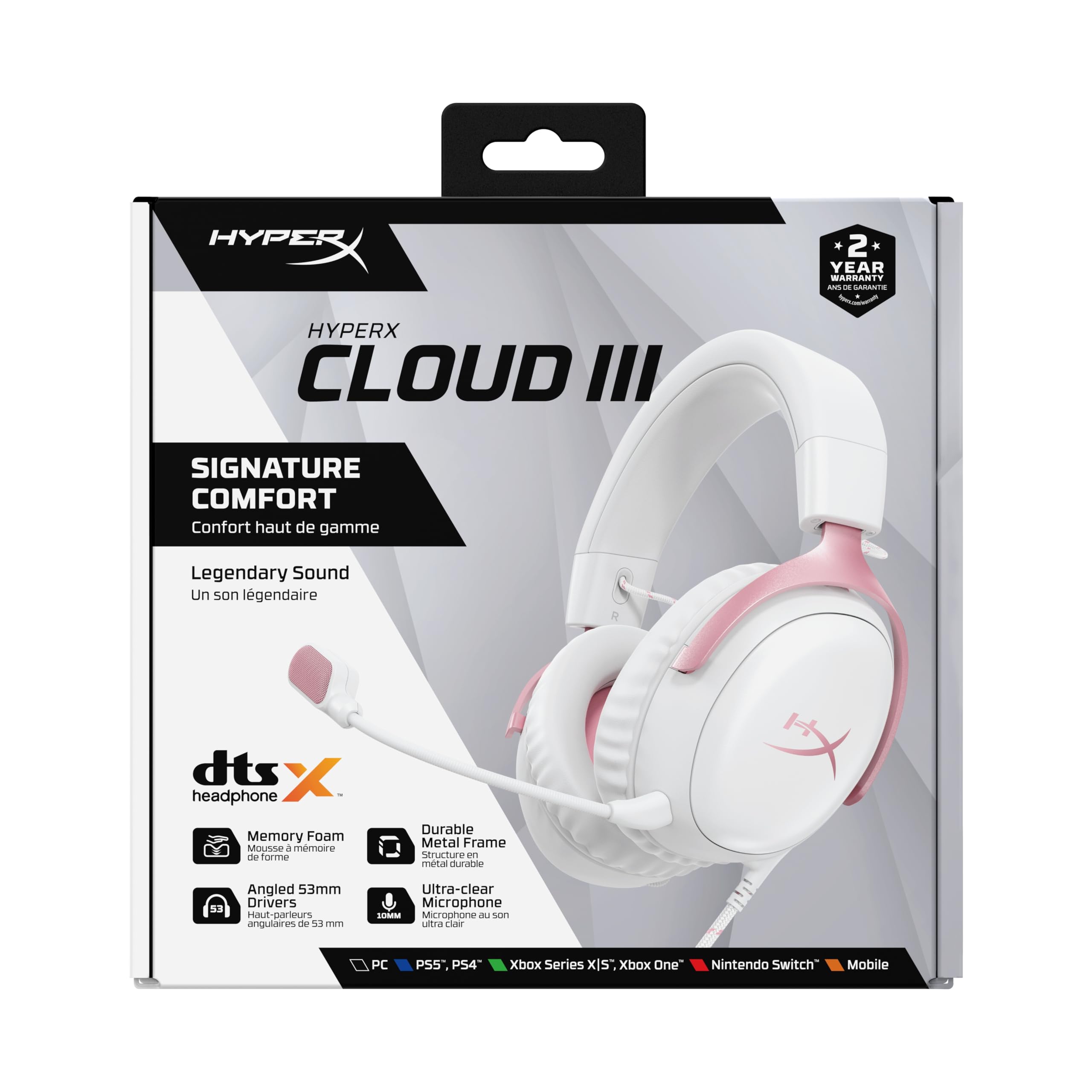 HyperX Cloud III, Casque Gaming Filaire, PC/PS5/Xbox Series X|S, DTS Headphone:X, Haut parleurs inclinés 53 mm, Micro 10 mm antibruit, USB-C/USB-A/3,5 mm, Blanc et Rose