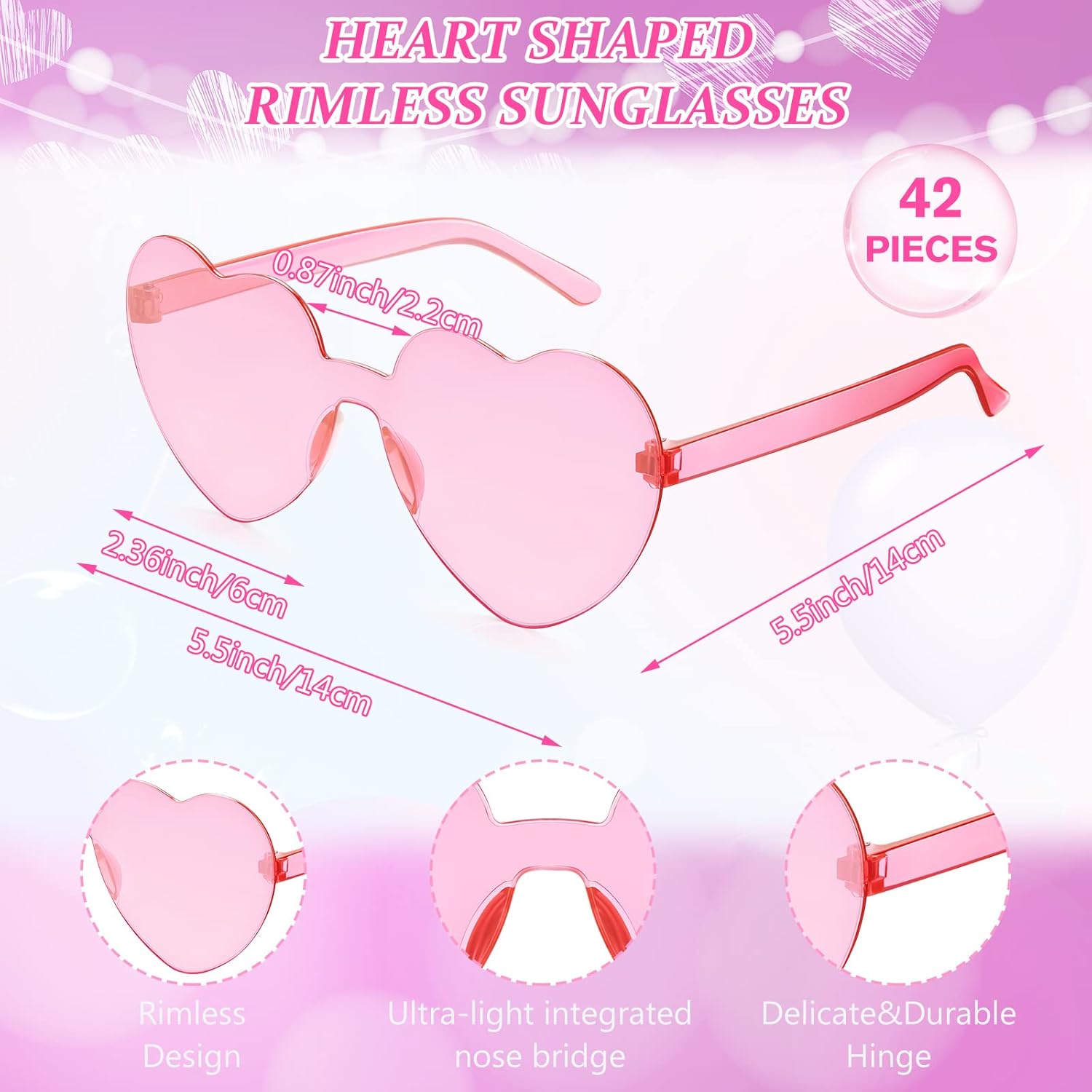 Flutesan 42 Pairs Valentine's Day Heart Shaped Sunglasses Bulk for Women Y2k Trendy Rimless Clear Heart Party Favor Glasses - Image 2