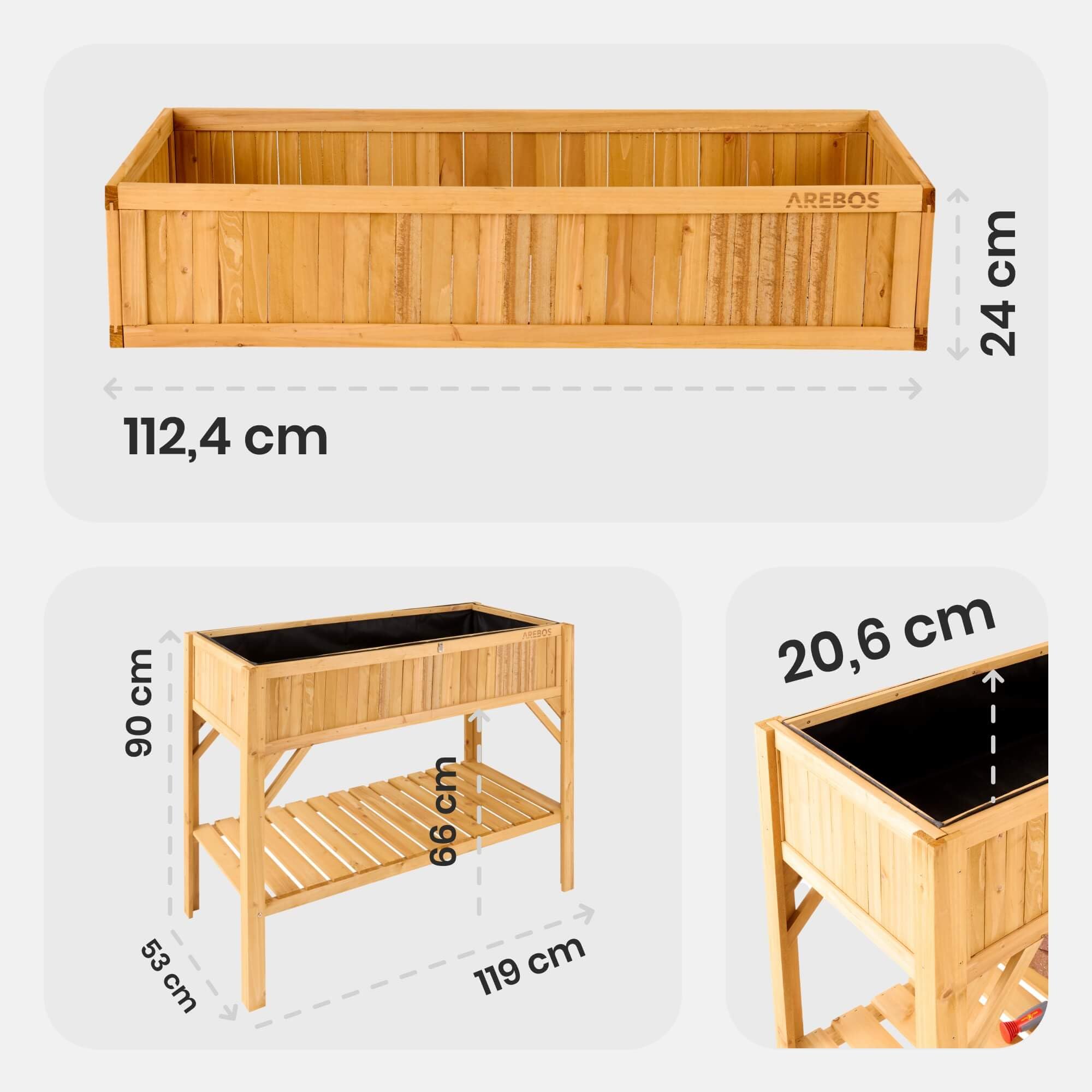 Arebos podwyższona grządka z drewna z półką | do ogrodu, balkonu i tarasu | wyposażona we wnętrze z włókniną ochronną | 119 x 53 x 90 cm | skrzynka do roślin i doniczka | grządka do sadzenia, inspekt