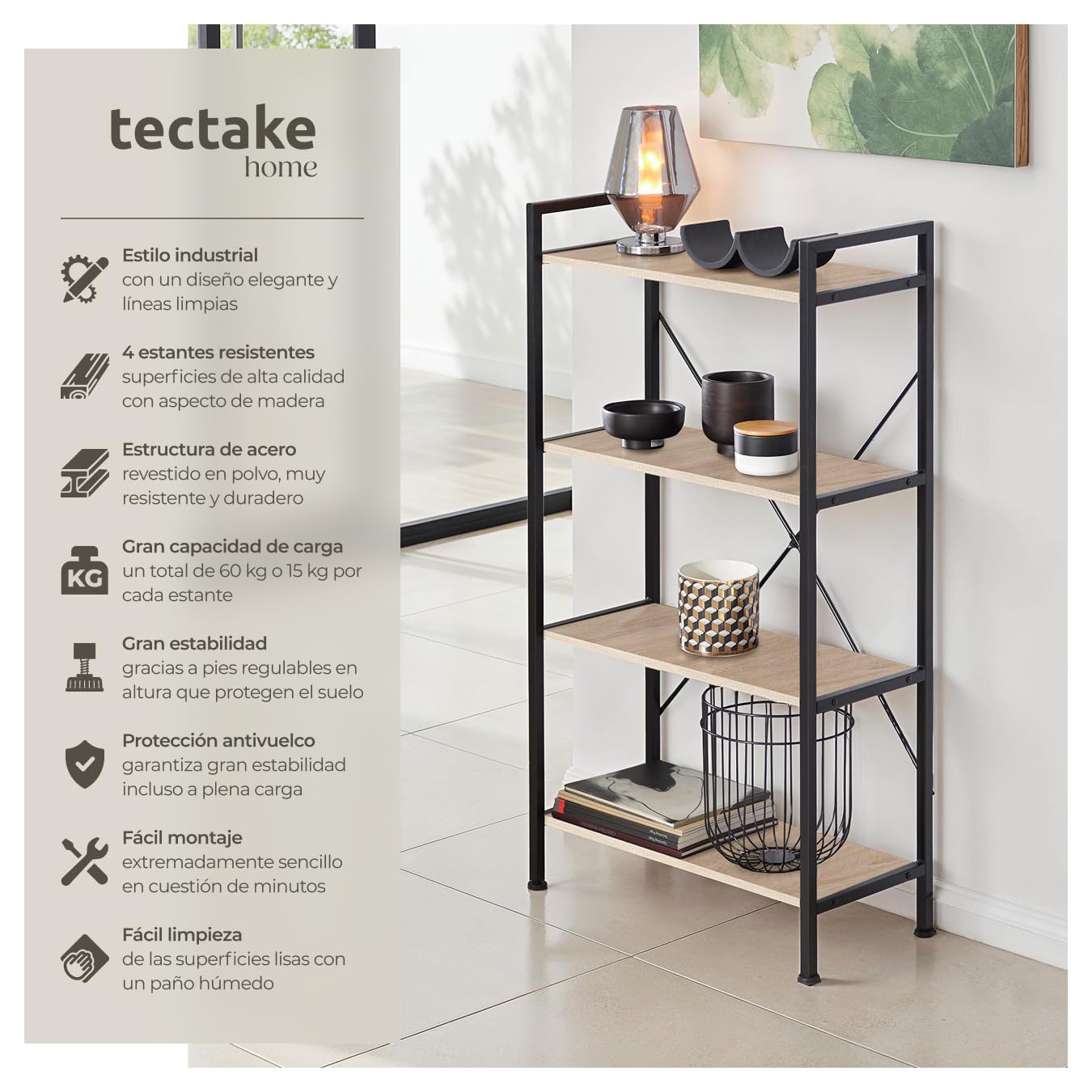 tectake® Estanteria Metalica de Estilo Industrial con Estructura Estable, Sistema Antivuelco, Estantería Madera para Oficina, Mueble Recibidor - Madera Industrial Clara, Roble Sonoma