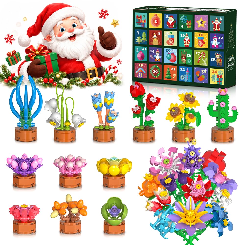 HOGOKIDS Blumen Adventskalender Bausteine Weihnachten Spielzeug für Kinder | 24-Tage Adventskalender Blume Botanik Sukkulenten 3.6mm Bausteine Weihnachtskalender Spielzeug, Geschenk für Mädchen Jungen