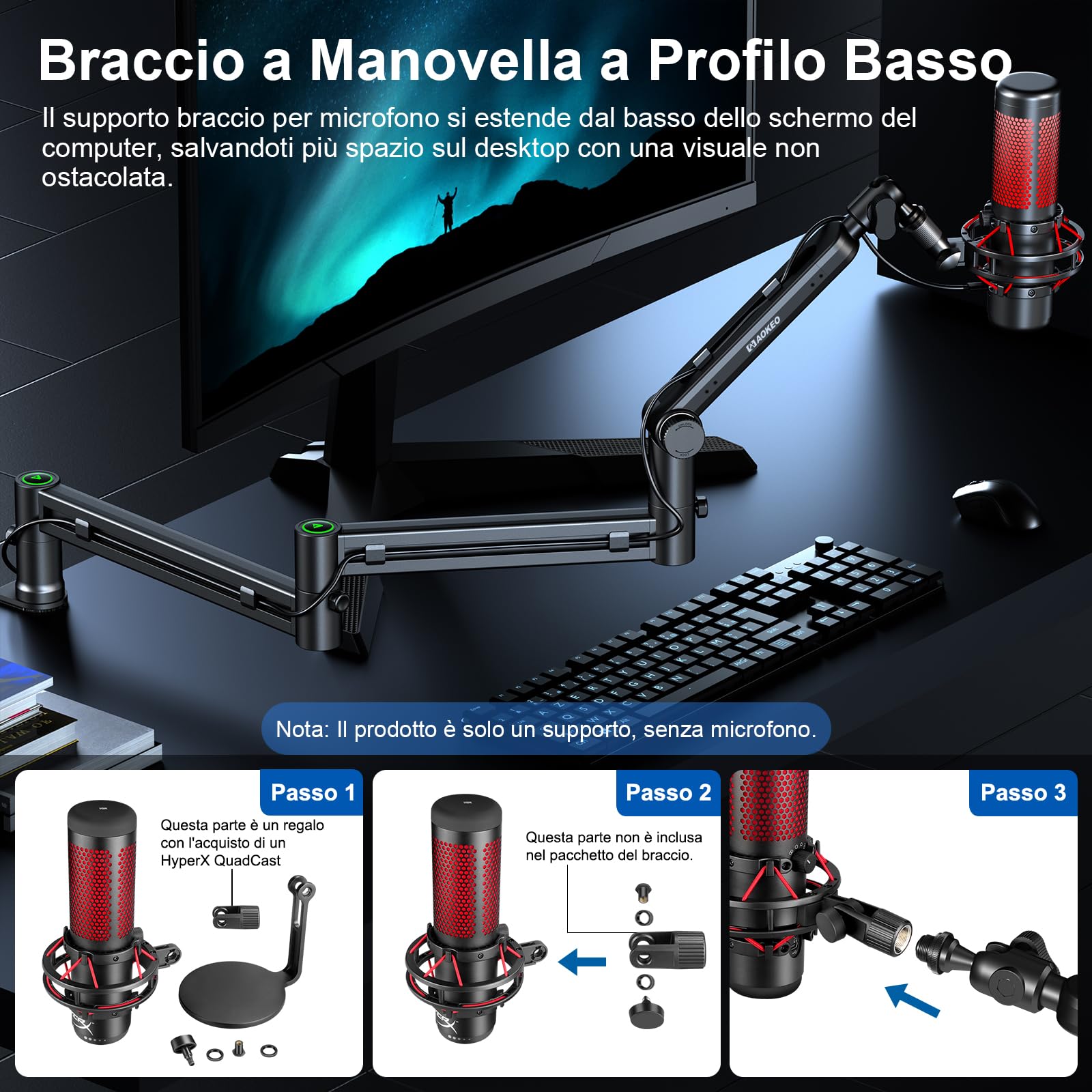 Braccio Microfono,Aokeo AK-58i Braccio Sospensione Boom da Scrivania a Profilo Basso,Supporto per Blue Yeti,Snowball iCE,HyperX QuadCast,SoloCast,Elgato Wave,Ecc