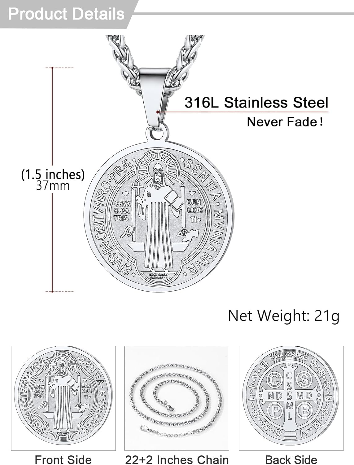 U7 Saint Benedict Medal Necklace (Steel+Gold)