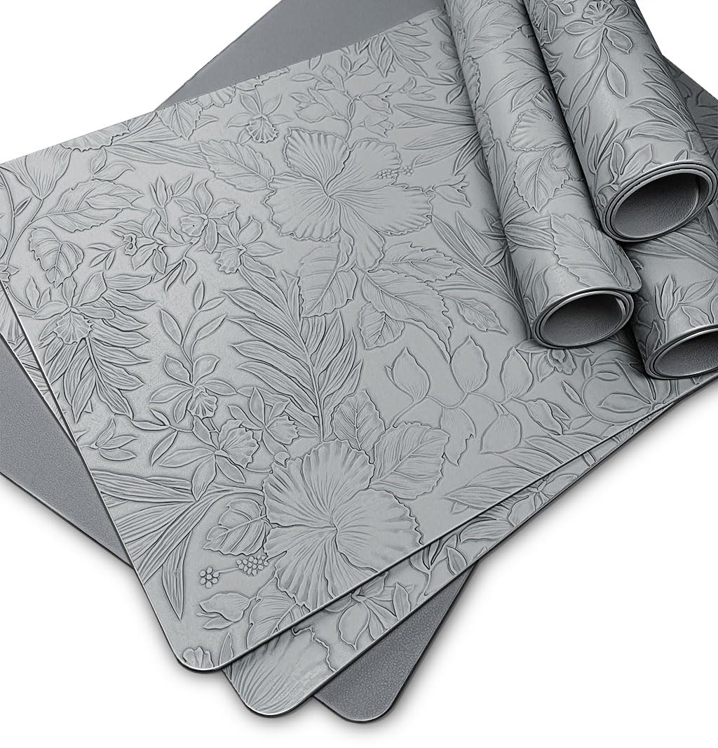 Embossed Flower Pattern Table Mats Set of 6 Grey, Wipe Clean Faux Leather Place Mats for Table Dinner Placemats & Coaster sets, Heat Resistant-Washable-Vinyl Placemats Set of 6 for Outdoor_W/O Coaster