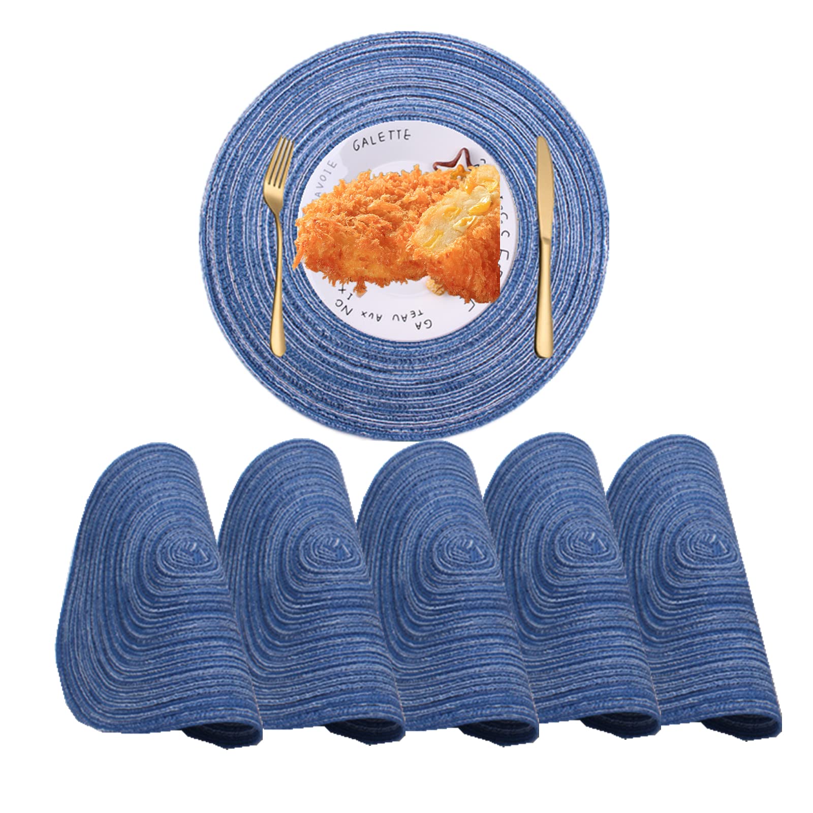 Photo 1 of 14 Inch Round Placemats for Dinner Table Set of 6 Heat Resistant Cotton Polyester Braided, Table Mats for Dinner Parties, Restaurants and Everyday Use(Blue, 6) Blue 6