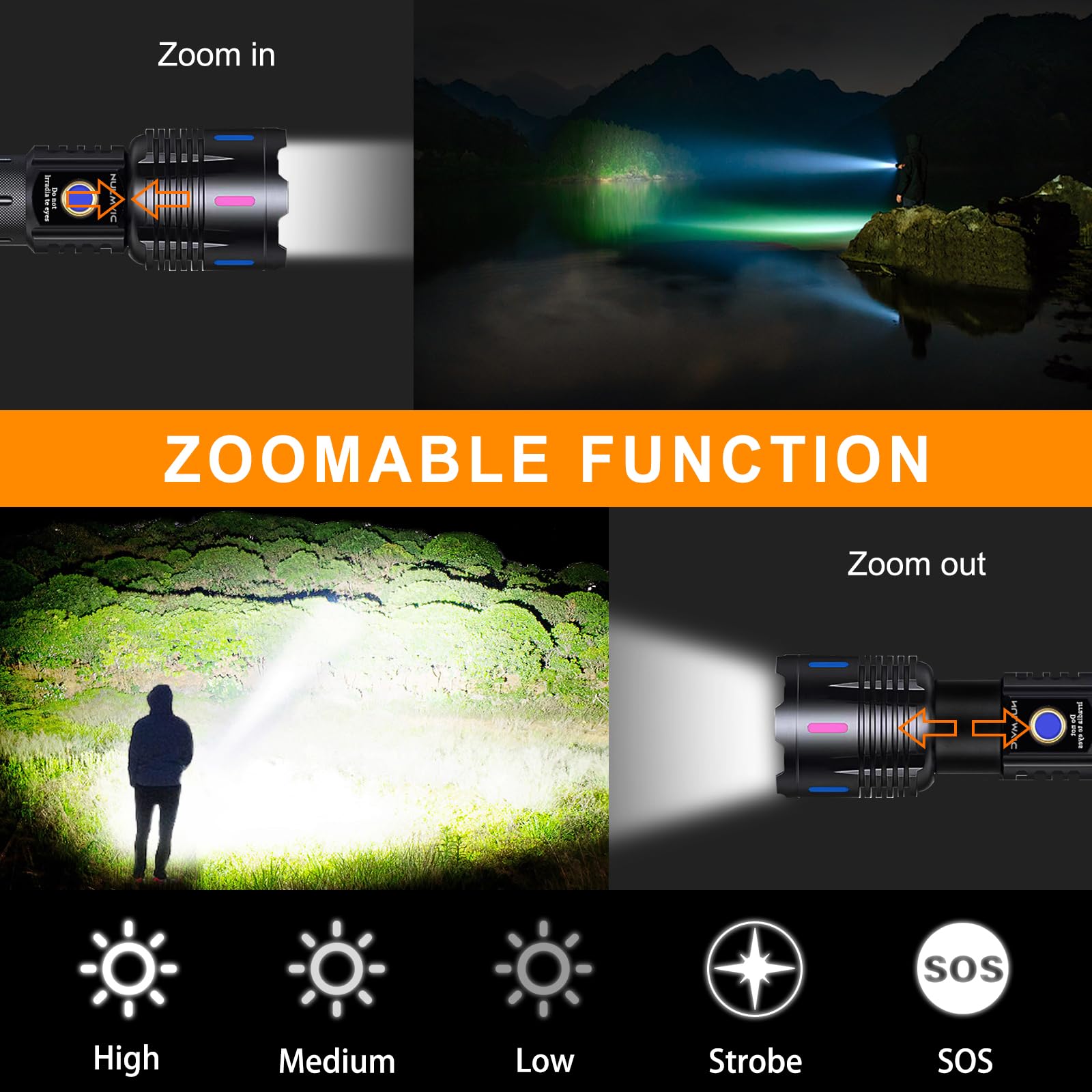 Nulmvic Torcia LED Potente Professionale: 500000 Lumen Torcia Led Ricaricabile USB - LEP Torcia Tattica Militare IP67 Torce LED Alta Potenza Ricaricabili Per Campeggio Trekking Emergenza