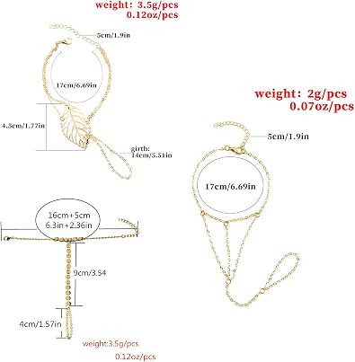 4 Pieces Hand Harness Bracelet Linked Finger Bracelet Finger Ring Bracelet Adjustable Leaf Snake Finger Ring Bracelet Slave Chain Bracelet for Women Gifts