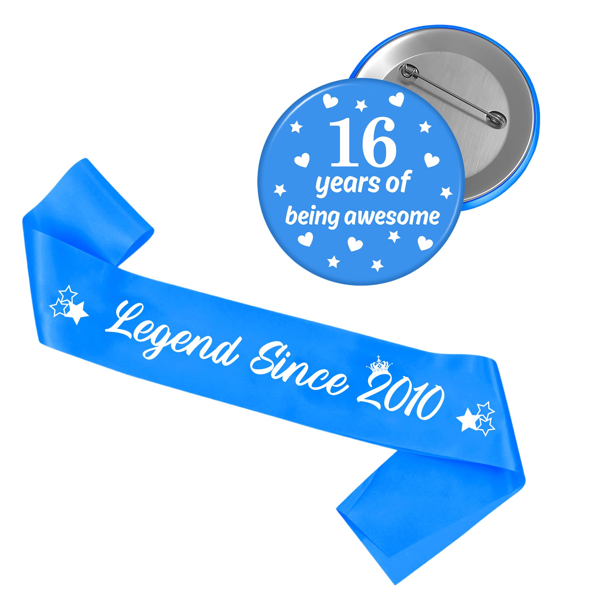 Sweet 16 Birthday Sash Badge - 2 Pcs Blue 63 inch Legend Since 2010 Sash and 2.28 inch 16 Years of Being Awesome Badge for Girls Boys Happy 16th Birthday Party Decorations Gifts Supplies and Favors