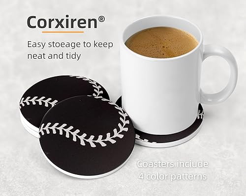 Miniatura 4 de Juego de 4 posavasos de béisbol, posavasos absorbentes de cerámica para bebidas con soporte y base de corcho, posavasos redondos para protección de