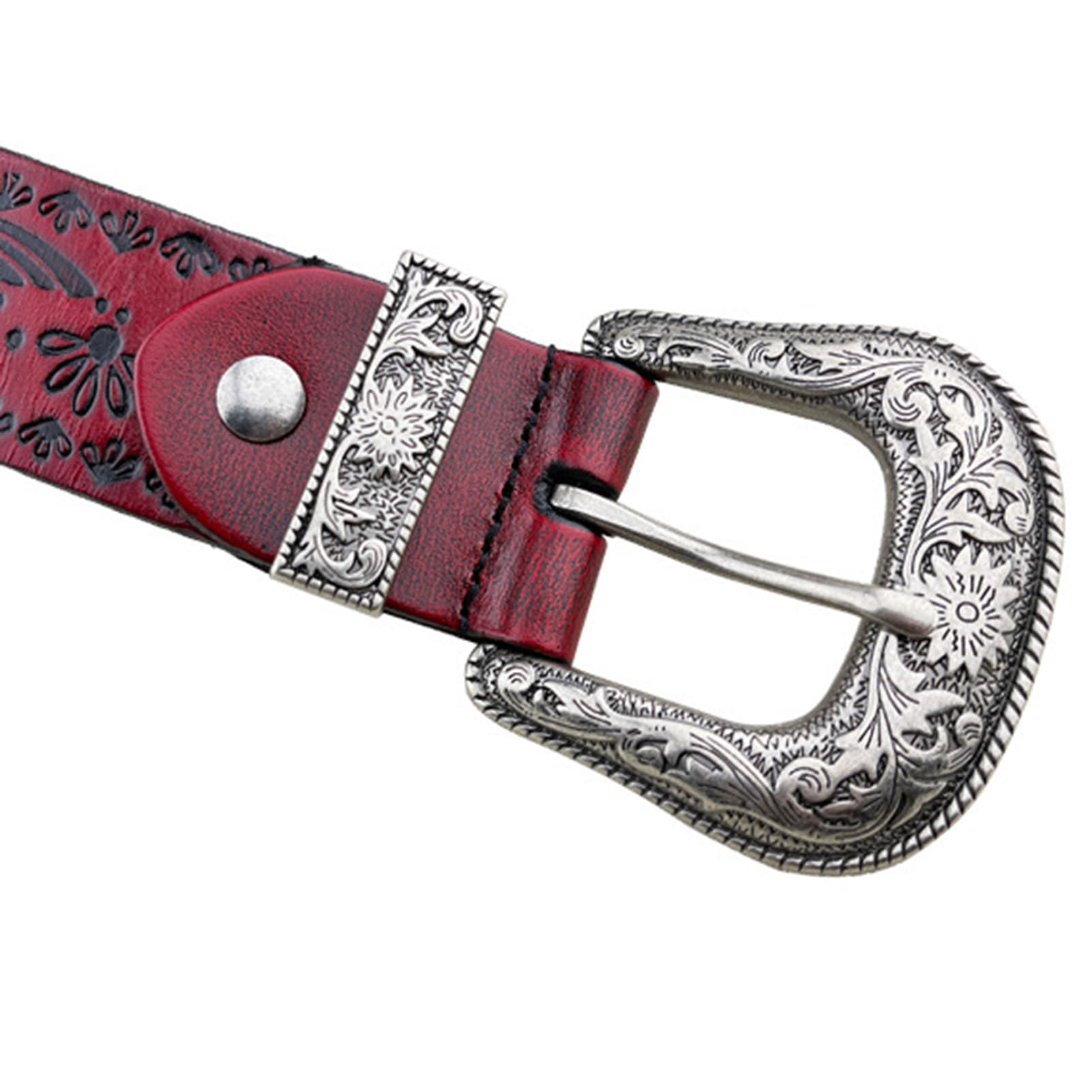 Cinture Occidentali in Vera Pelle Goffrata per Uomo E Donna con Fibbia Floreale Incisa in Argento Larga 3,8 Cm per Cowboy E Cowgirl(110cm/43, Red)