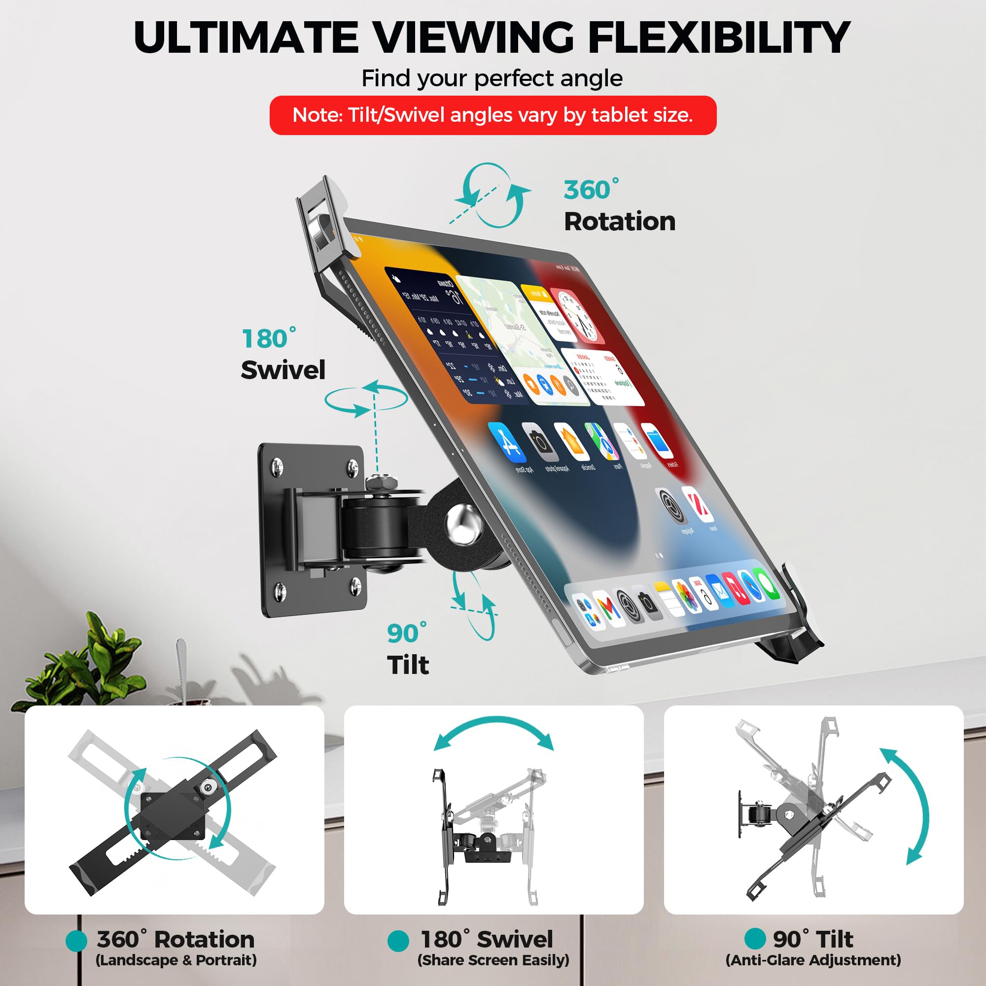 Soporte De Pared Antirrobo Para Tablet Con Cerradura, BUSIVYTA Soporte Comercial Articulado Para iPad Kiosco POS, 360° Rotación Giratorio Inclinación Para 7-14" iPad Pro Air Galaxy Tab, Negro