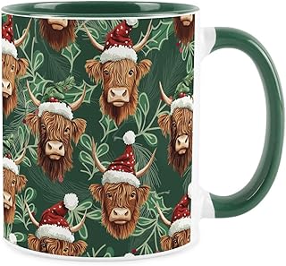 Christmas Highland Cow Mug - Green Holly & Berries Novelty Xmas Seasonal Gift/Present - Tea Coffee Ceramic Mug