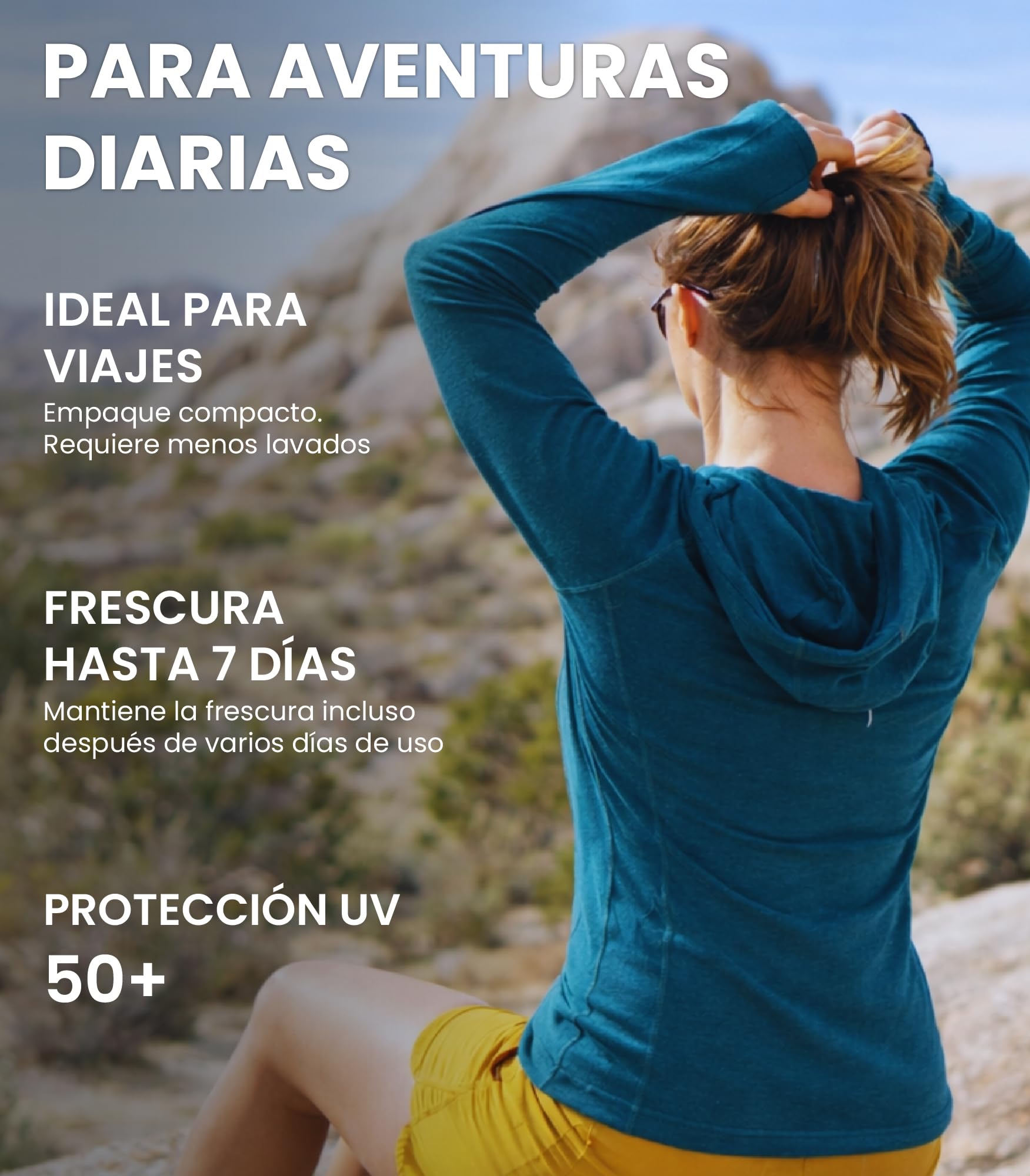 Merino.tech Sudadera Mujer Capucha- 100%Lana Merino + Calcetines | Cuello alto, para montaña. Capa media cálida, no pica, antiolores, transpirable