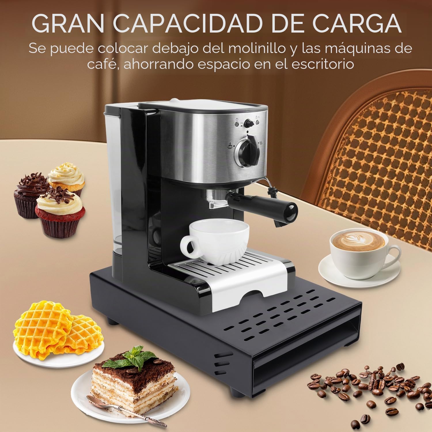Cajón de Caja de Café, Caja para Posos de Café de Inoxidable con Palo de Golpe Contenedor de Posos de Espresso para el Hogar Oficina Restaurante Cafetería (Negro)
