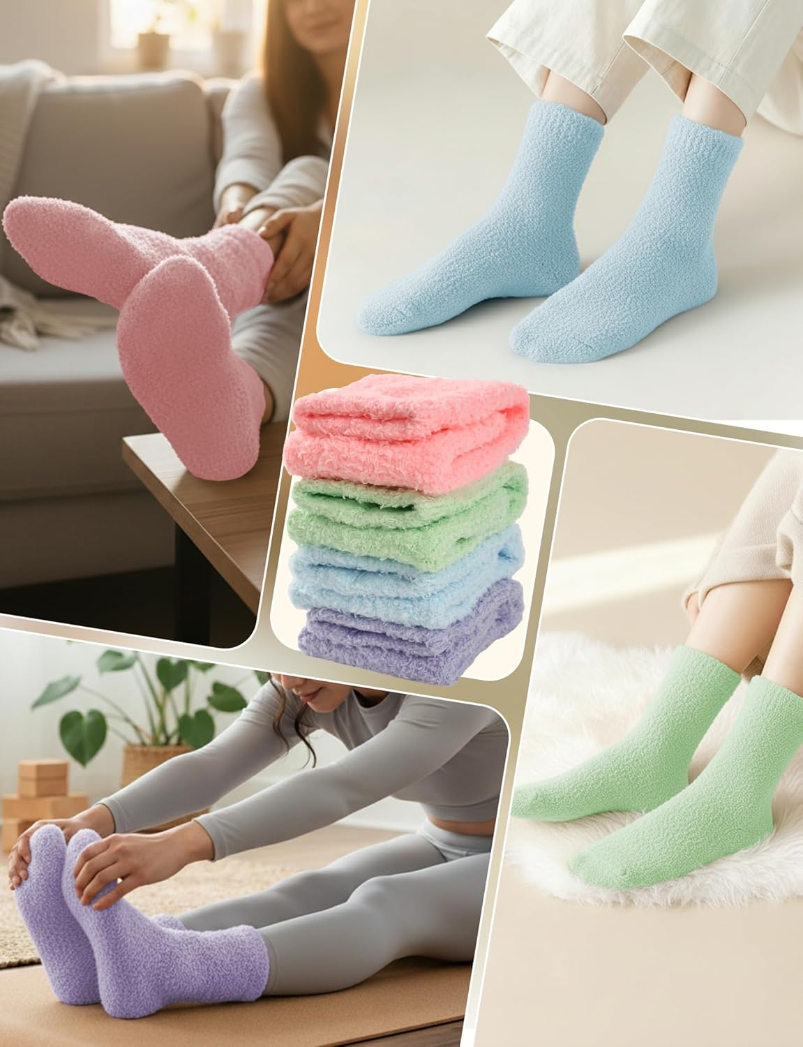 5 Pairs Fuzzy Slipper Socks Cloud Cozy Soft Fluffy Socks for Women - Winter Warm Comfy Barefoot Gift Socks - Image 2