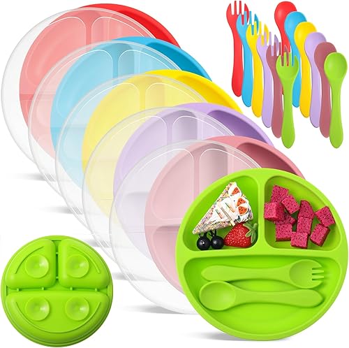 Meanplan Paquete de 6 placas de succión para niños pequeños con tapas, juego de platos de silicona de grado alimenticio, diseño dividido de silicona