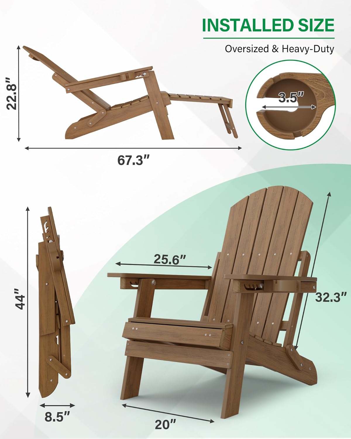 YEFU Adjustable Adirondack Chair with Footrest Set of 4, 5-Level Adjustable Adirondack Chair with Retractable Ottoman& Cup Holder, Folding Adirondacks Chairs Use for Outdoor, Pool, Fire Pit (Walnut)