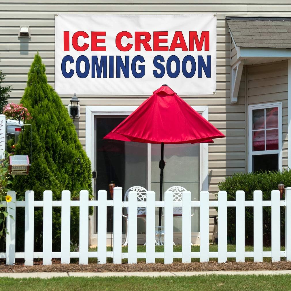Vinyl Banner Multiple Sizes Ice Cream Coming Soon Red Blue Food Bar Restaurant Truck Business Outdoor Weatherproof Industrial Yard Signs 4 Grommets 24x36Inches