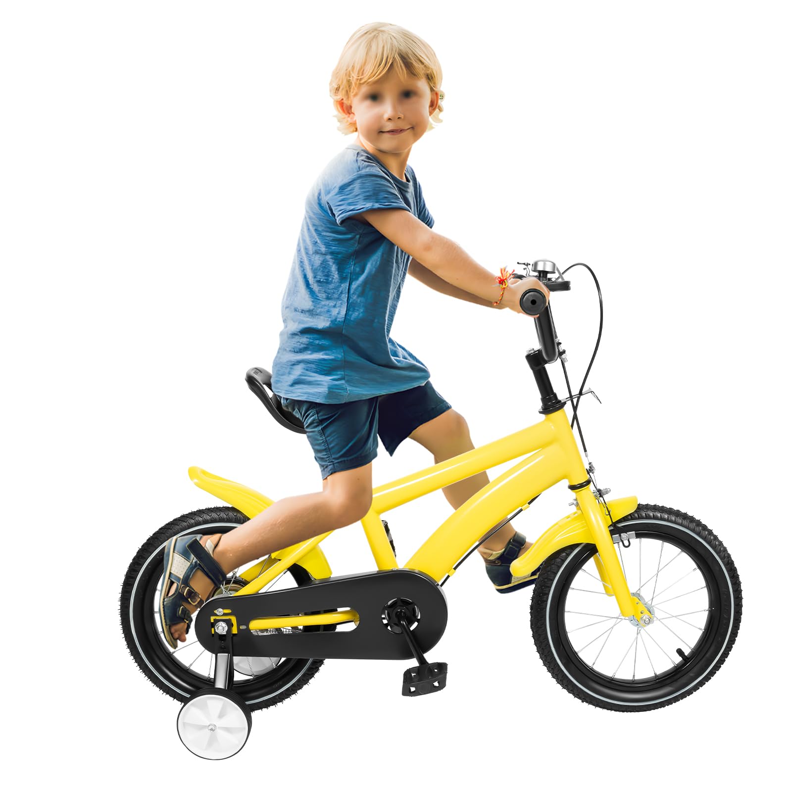 Pxolerig 14 Inch Kids Bikes with Training Wheels, Modern Child Bicycles for Ages 3-6 Years Girls & Boys, Height Adjustable Carbon Steel Kids Bicycle with Dual Brake, Lightweight, Yellow