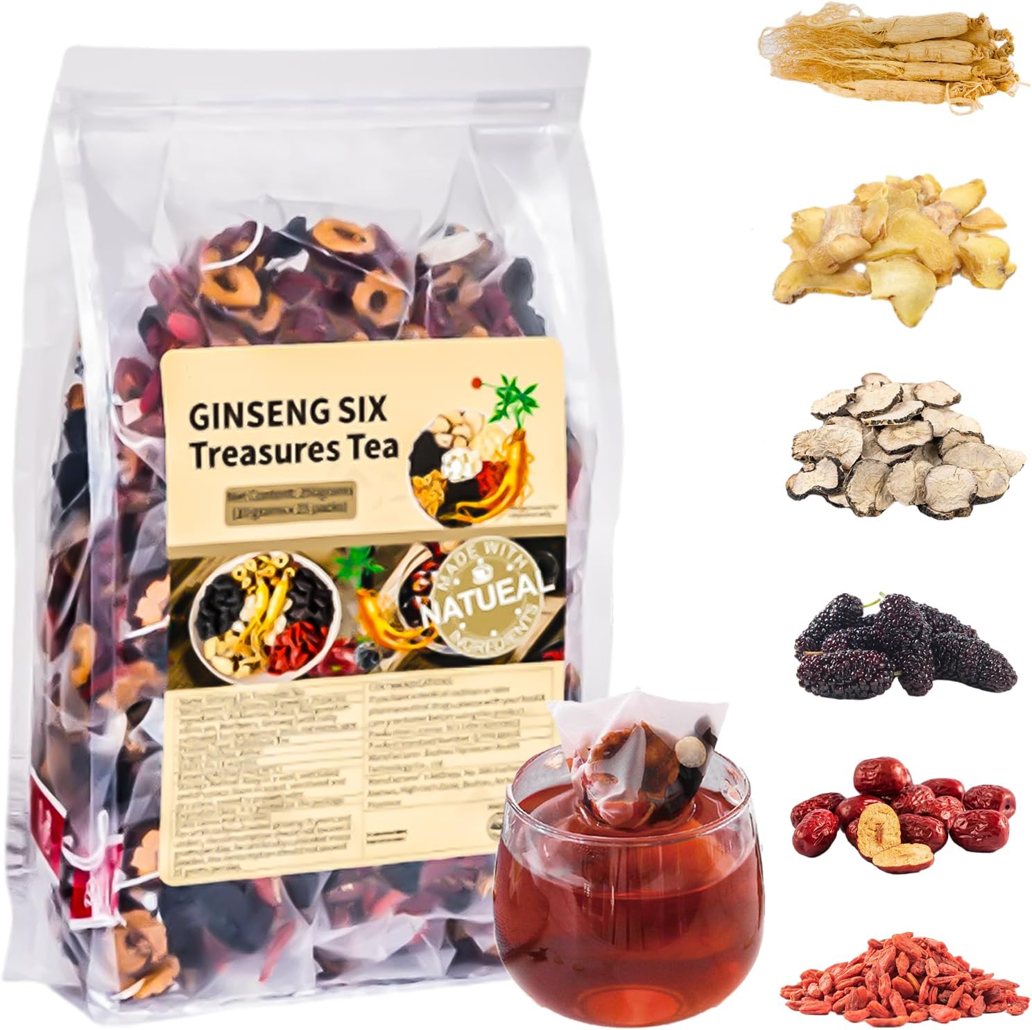 Ginseng & Mulberry Herbal Tea, Turmeric Kidney Tea Formula Ginseng Eight Treasure, 8 Natural Herbal Mulberry Formula for Men & Women, 30 Tea Bags (1)