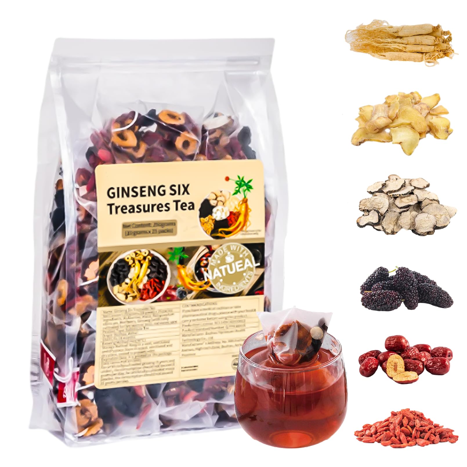 Ginseng & Mulberry Herbal Tea, Turmeric Kidney Tea Formula Ginseng Eight Treasure, 8 Natural Herbal Mulberry Formula for Men & Women, 30 Tea Bags (1)